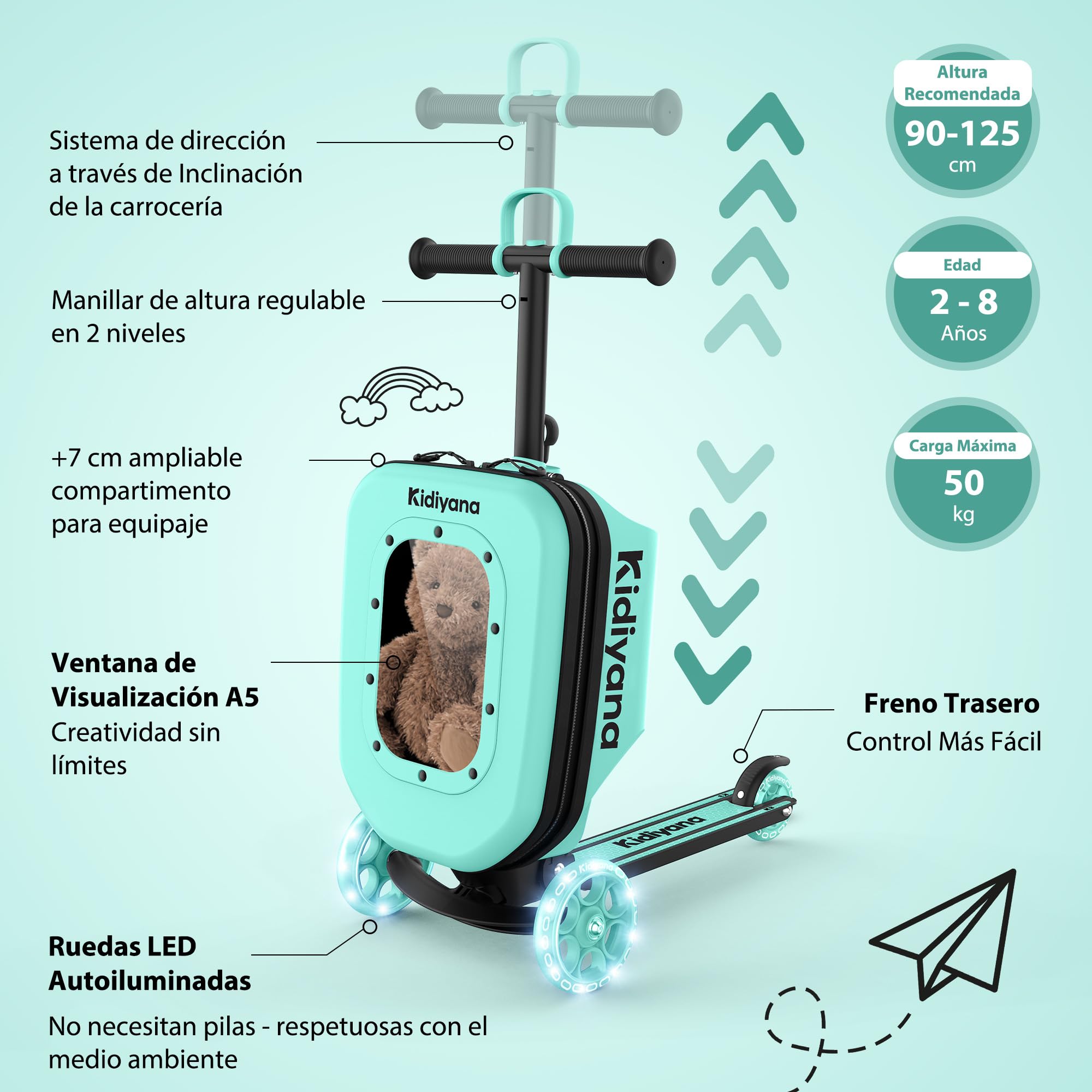 Maleta para patinete, con ruedas LED, manillar ajustable en altura, ventana A5, 7 cm de espacio de almacenamiento, adecuado como equipaje de mano, regalo para niños de 2 a 8 años, color verde