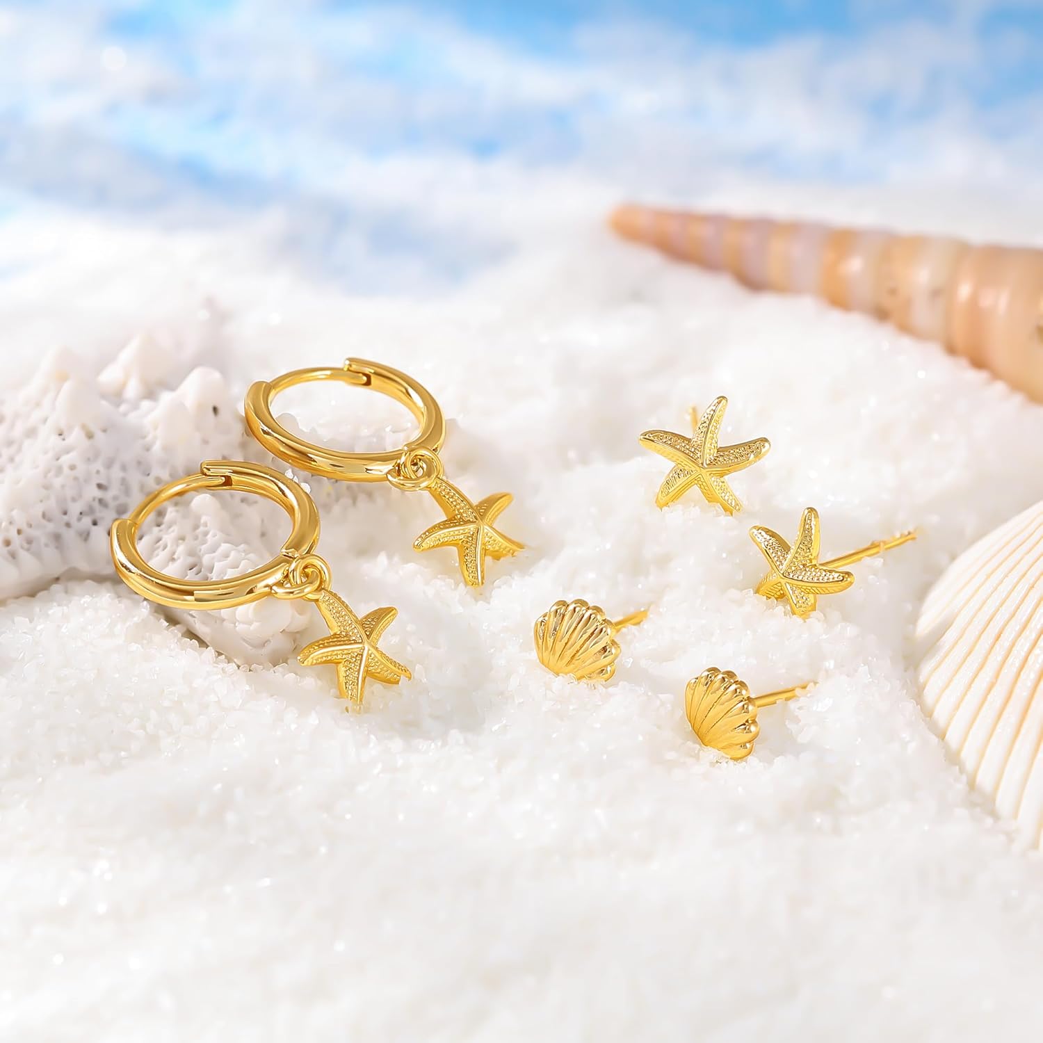 MBW Gold Starfish Earrings for Women, Small Dainty 14k Gold Plated Seashell Conch Pearl Hoop Dangle Earrings Stud Sets Beach Ocean Halloween Jewelry Gifts for Women Trendy - Image 5