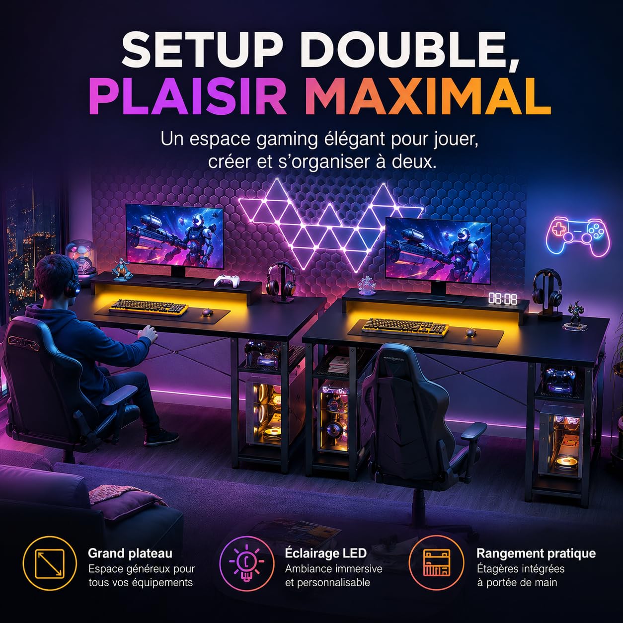 iSunirm Bureau Gaming Noir 100×50cm - LED RGB & Prises USB/Secteur Intégrées, Bureau Gamer avec Rangement Réversible, Compact pour Chambre, Étude & Télétravail