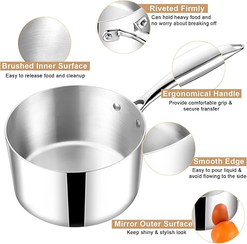 Miniatura 3 de TeamFar Cacerola de 1 cuarto y 3 cuartos de galón con tapa, olla de cocina pequeña de acero inoxidable de tres capas con mango ergonómico, para