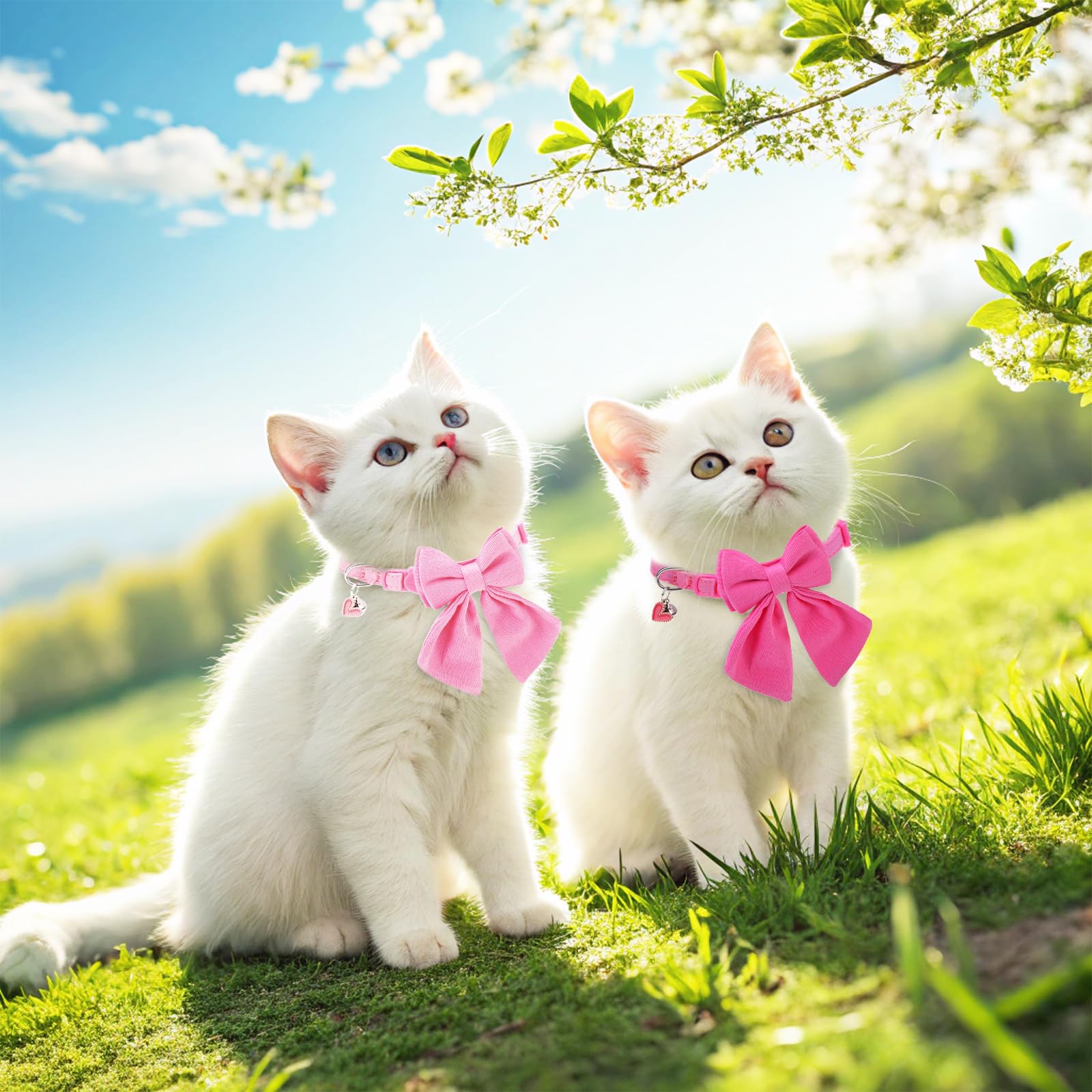Collar de gato con campanas, collar de lazo rosa para gatos hembra, collar de gatos pequeños con lazo para primavera y verano, paquete de 2 collares suaves y bonitos con cuello de camisa