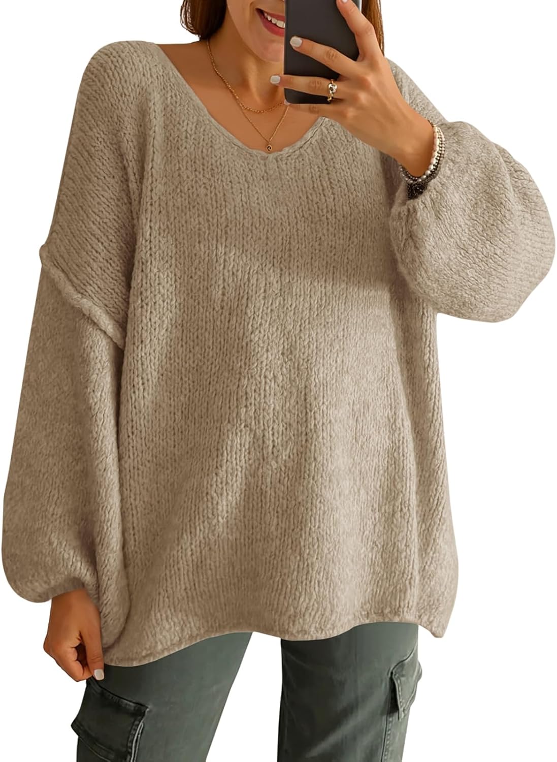 Saodimallsu Womens Oversized V Neck Sweaters Chunky Knit Lantern Long Sleeve Fall Winter Slouchy Tunic Sweater Tops