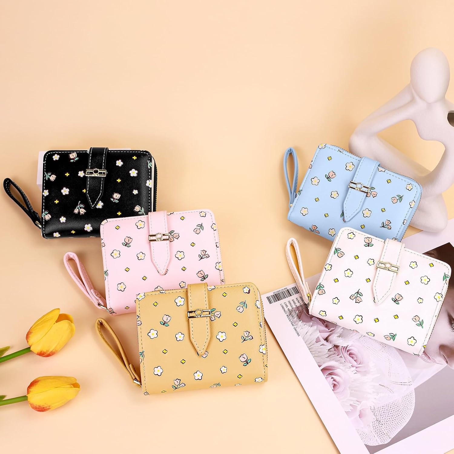 Women's Wallet Small Wallets for Women Cute Ladies Wallets Yellow Bifold Flower Wallet Womens With Zipper Women's Coin Pocket Purses with Card Holder for Women - Image 6