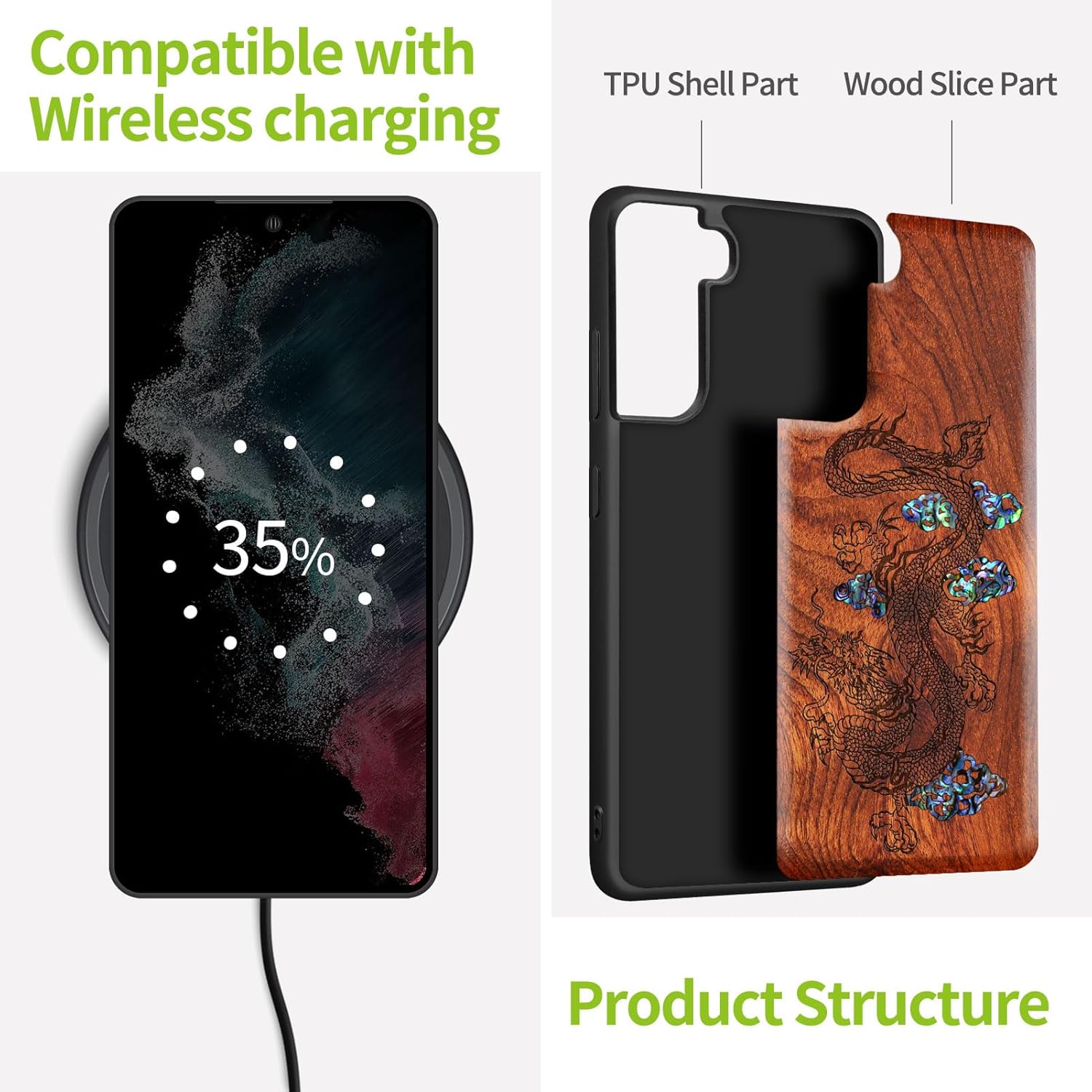 Carveit Designer Wooden Cover for Samsung Galaxy S22 Plus Case [Wood Engraving & Shell Inlay] Compatible with Wireless Chargers S22 Plus (Majestic Chinese Dragon-Rosy)