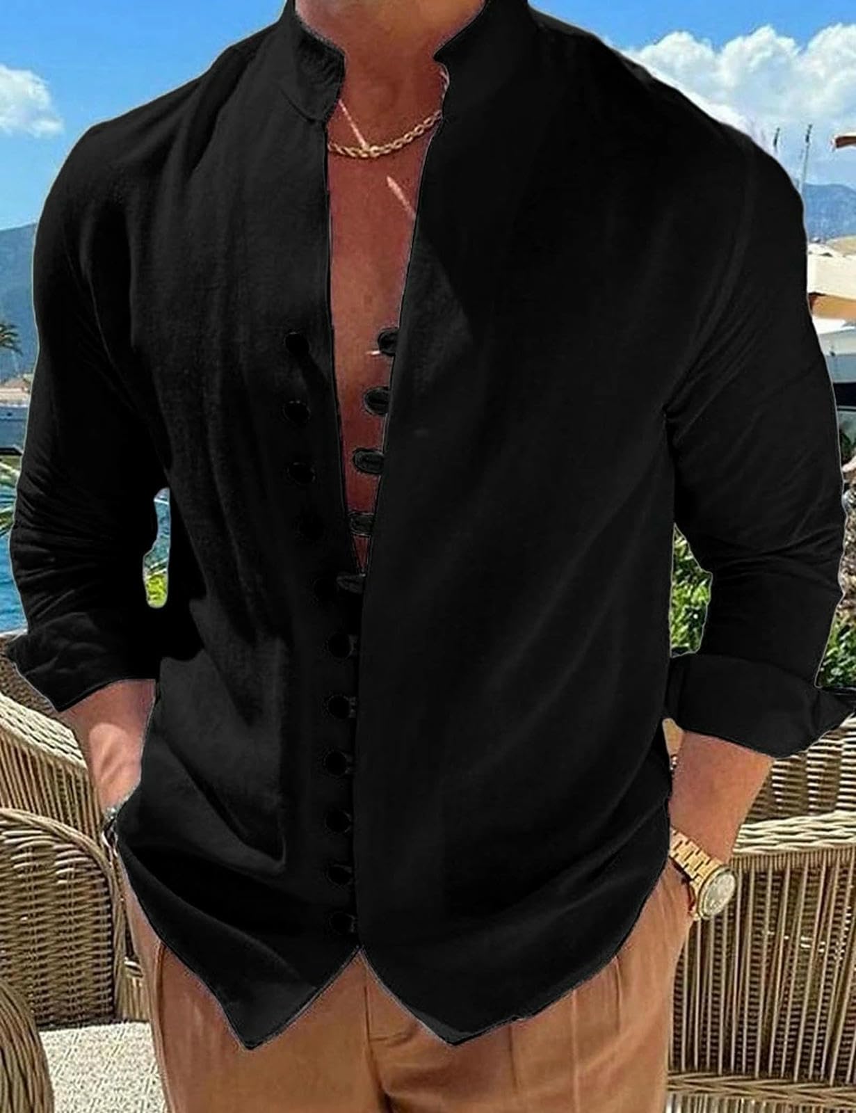 Camicie da Uomo Camicia A Colori Solidi in Cotone retrò E Maniche Lunghe Lino Casual Sciolta-Bianco-s
