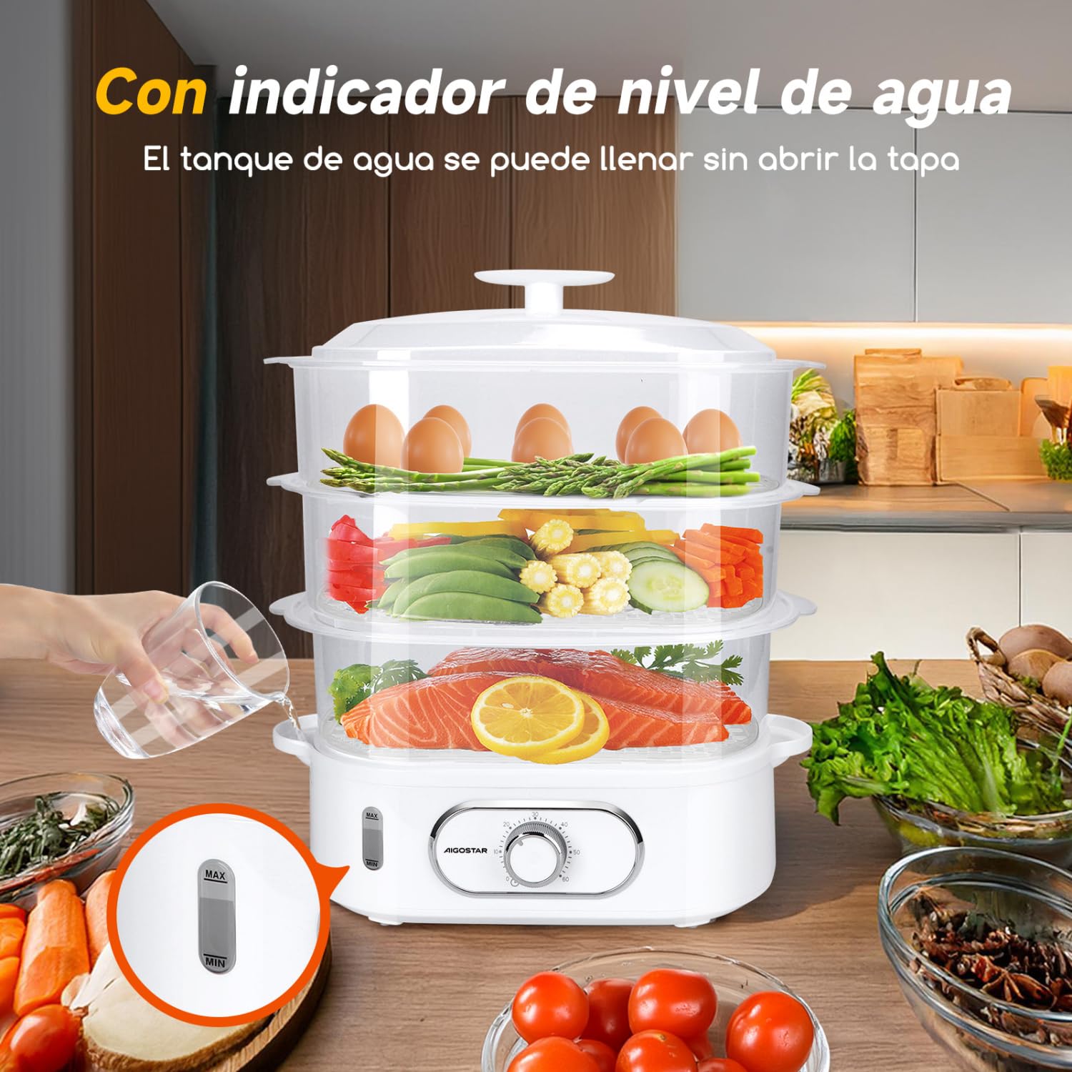 Aigostar Vaporera Eléctrica 12L, Vaporera con 3 Recipientes Apilables, Soporte Para Cocinar Huevos, Temporizador 60 Minutos, Recipiente Para Cocinar arroz, Sin BPA, 900 W