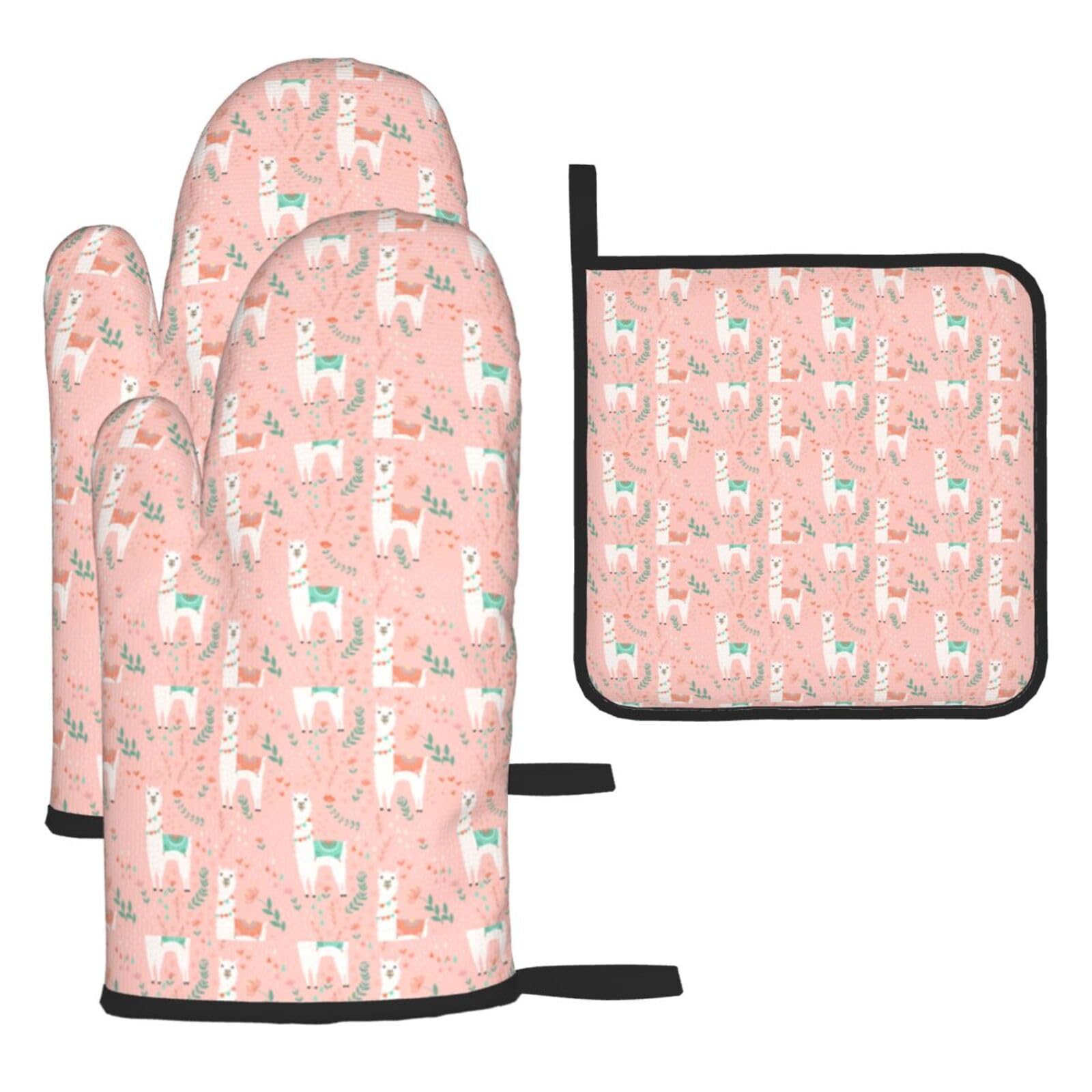 Pink Camel Cactus Print Oven Mitts Kitchen Gloves Set Everyday Baking Grilling Microwaving Cooking Gift