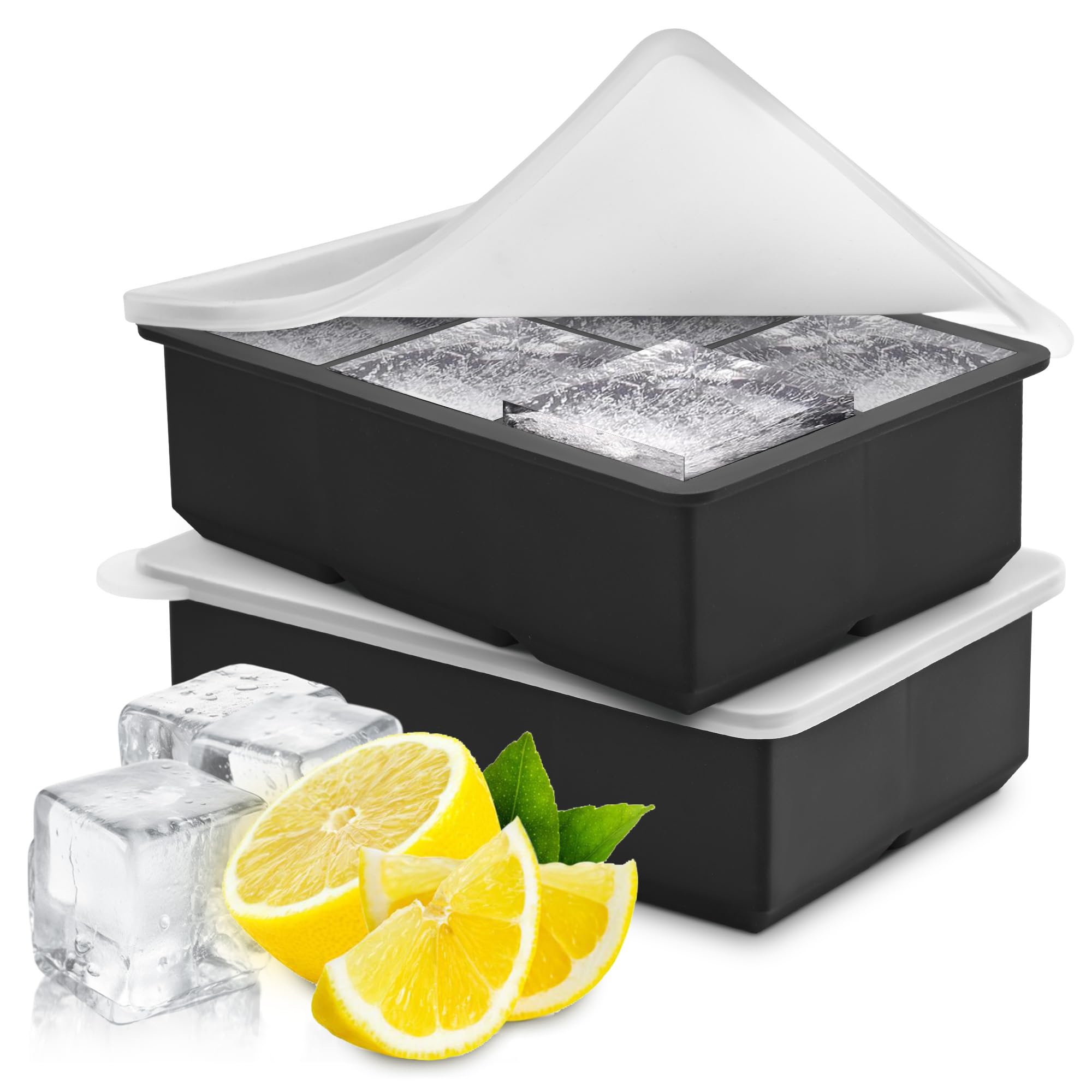EUHOMY Silicone Ice Cube Trays, Set of 2 Large Ice Cube Tray Molds with Lids for Freeze, Easy Release, Reusable BPA Free Ice Tray for Whiskey, Cocktails, Baby Food, Drinks, Black