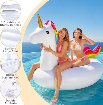TURNMEON 94 Giant Unicorn Pool Float Inflatable Summer Beach Float Swimming Pool Party Toys Ride-on Lounge Raft Water Pool Floatie for 2-4 Multi Players Adults Lake Floats, Flamingo/Unicorn