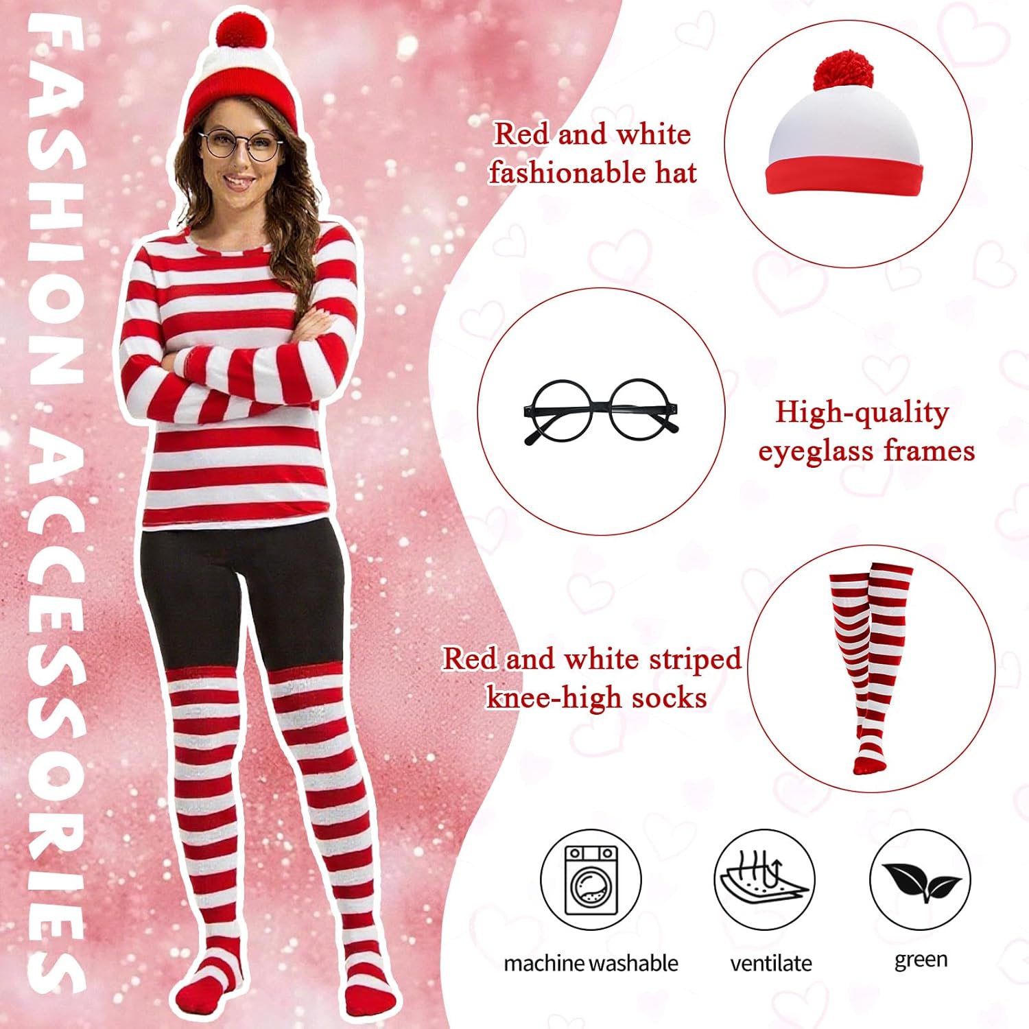 4PCS, Red and White Striped Shirt Adult Women Costume Shirt Glasses and Hat Socks Suit for Halloween Party. - Image 3