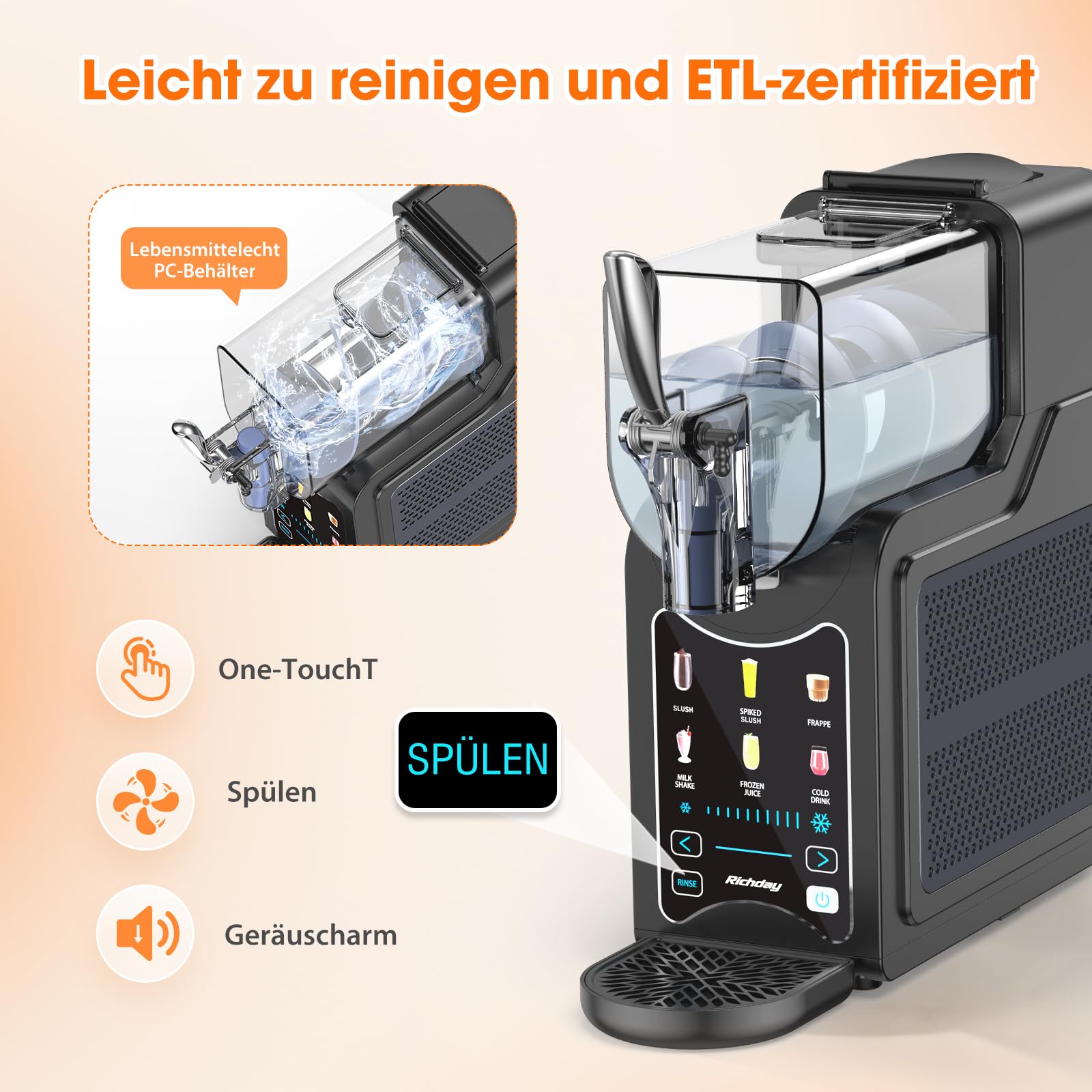 Richday Slush - Macchina per gelato, capacità 2 l, display LED, tecnologia WhisperChill, 6 programmi, per frappé, margarita, gelato morbido