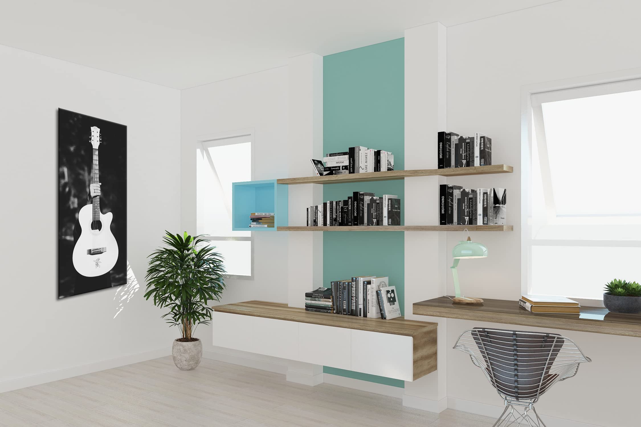 Chitarra acustica bianca panoramica, 120 x 60 cm, effetto: nero/bianco su tela, motivo già incorniciato su telaio in vero legno, stampa digitale di alta qualità con cornice
