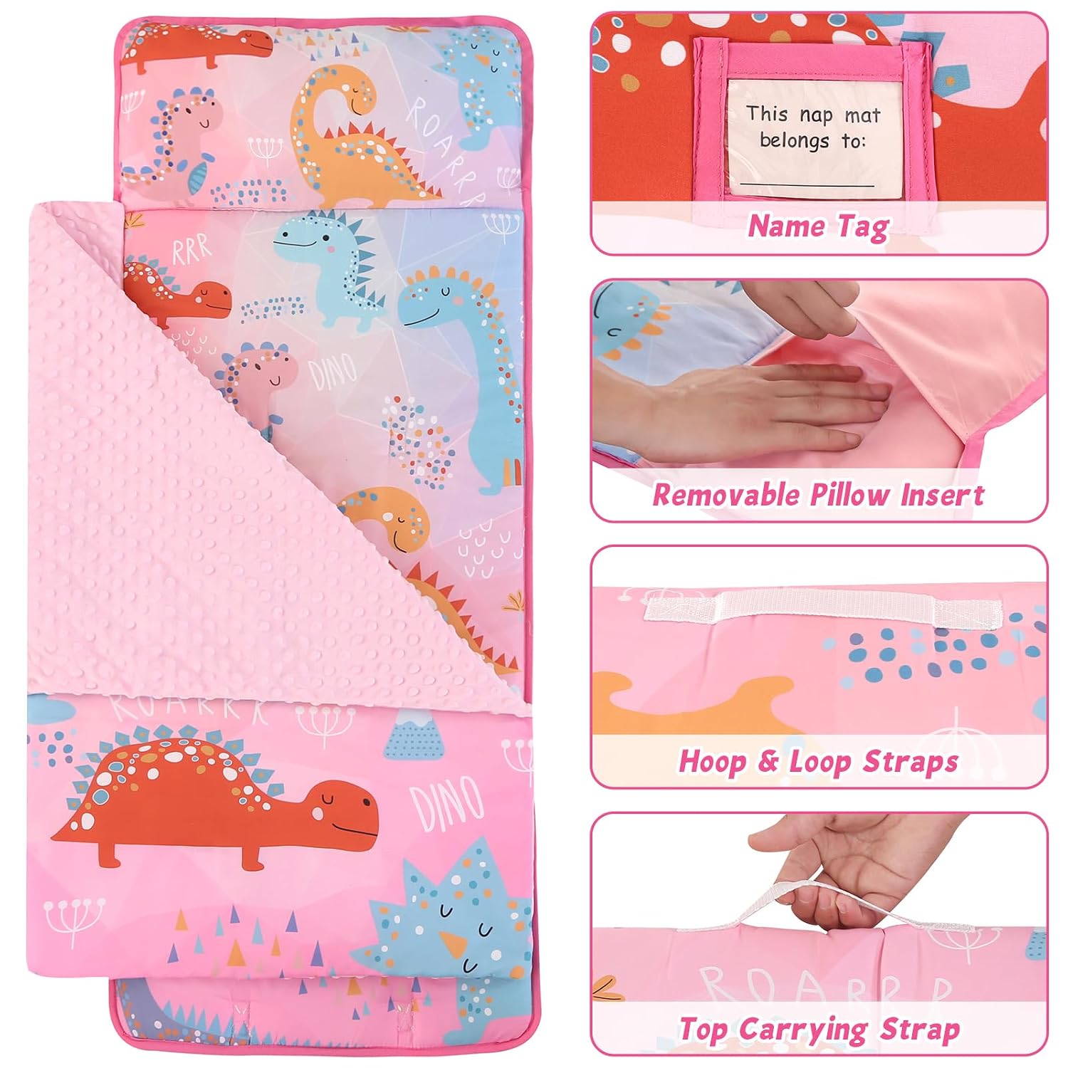 Toddler Nap Mat with Pillow, Large Rolled Dinosaur Nap Mat Daycare
