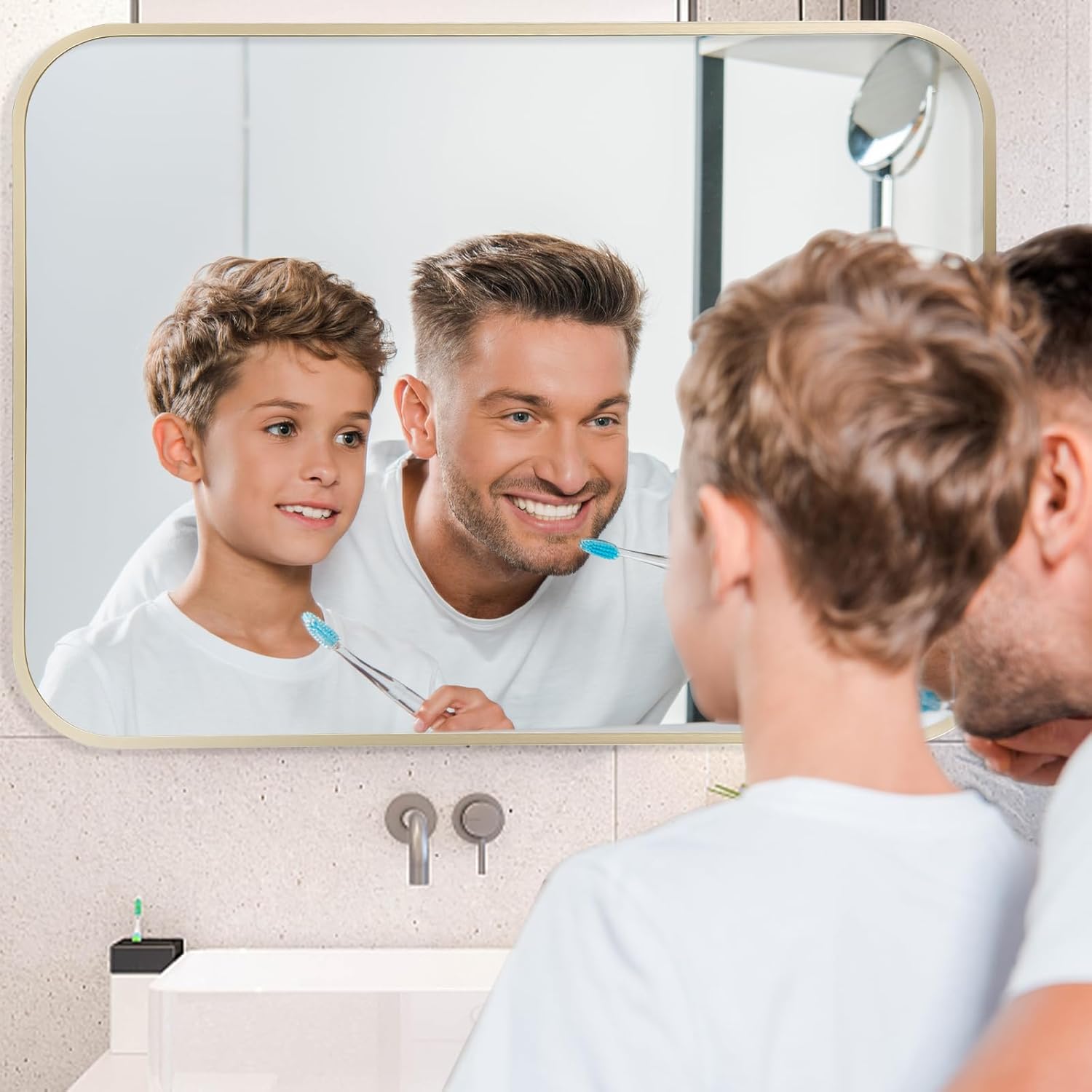 Gold Mirror, 24x36 Inch Framed Rectangle Mirror with Rounded Corner, Brushed Brass Mirror, Gold Bathroom Mirror for Over Sink, Vanity, Living Room, Bedroom, Horizontal/Vertical - Image 2