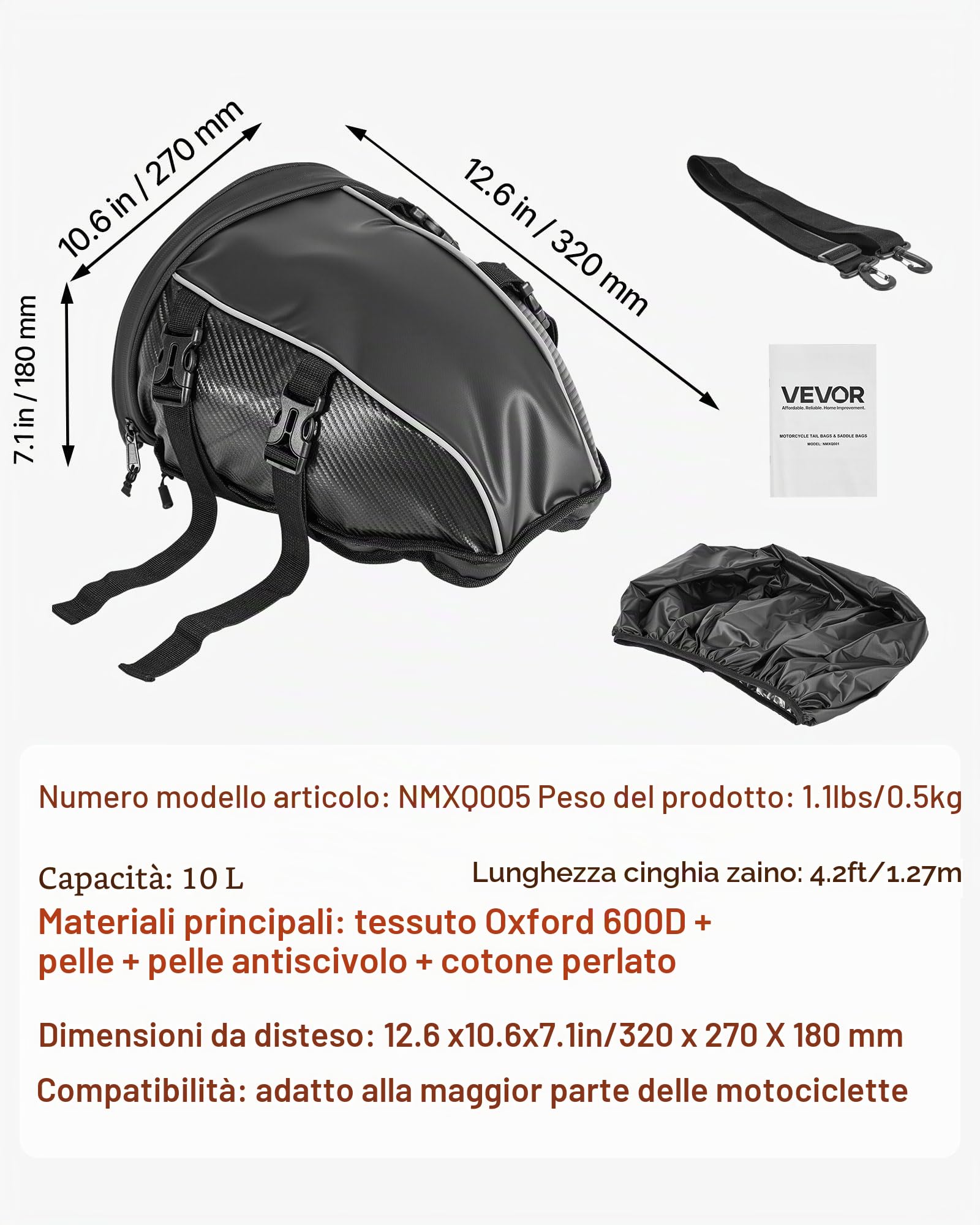 VEVOR Borsa Posteriore per Moto, Espandibile 10 L, Impermeabile, Antipioggia, Zaino, Tracolle, Tasca, Nero