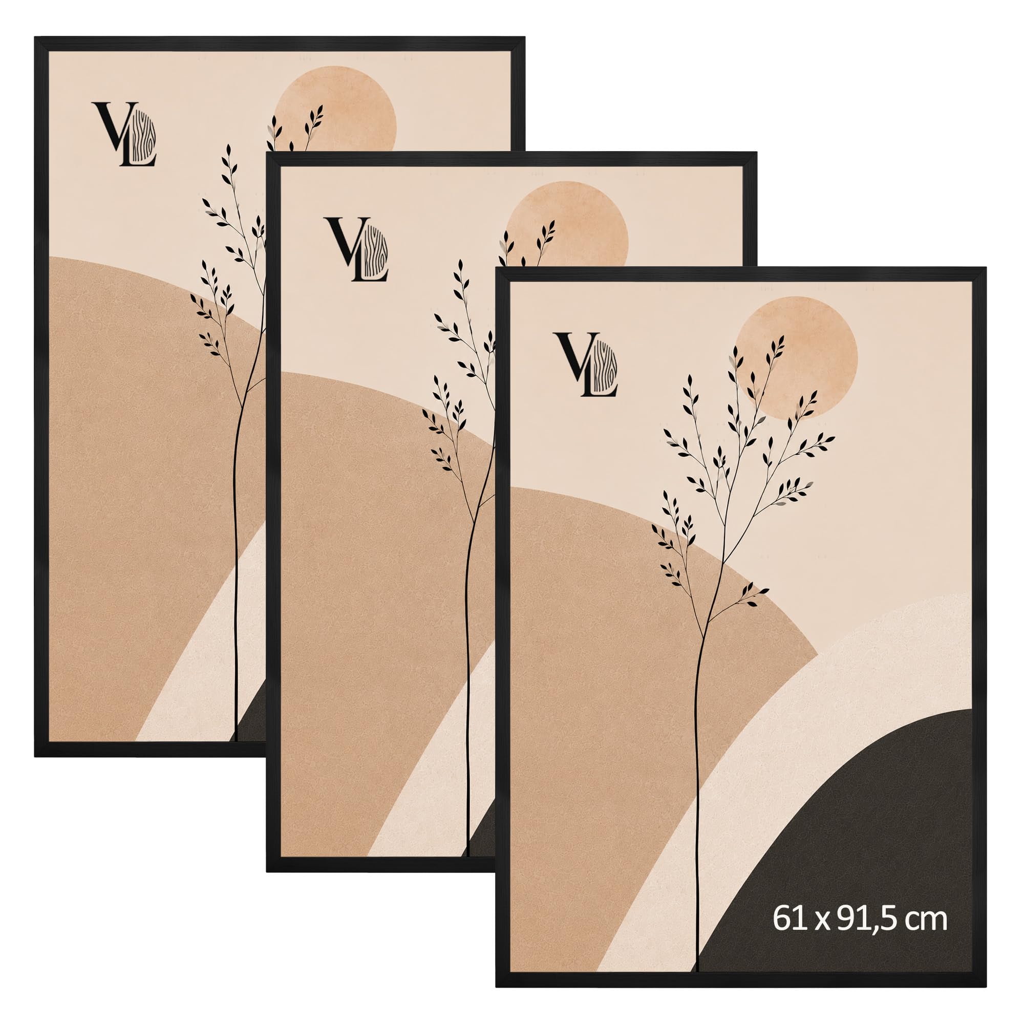 Velora H&L Set 3 Stück Bilderrahmen Schwarz 61 x 91,5 cm - Echtholzrahmen mit Acrylglas, Fotorahmen, Posterrahmen für Bilder, Fotos, Puzzels und Urkunden