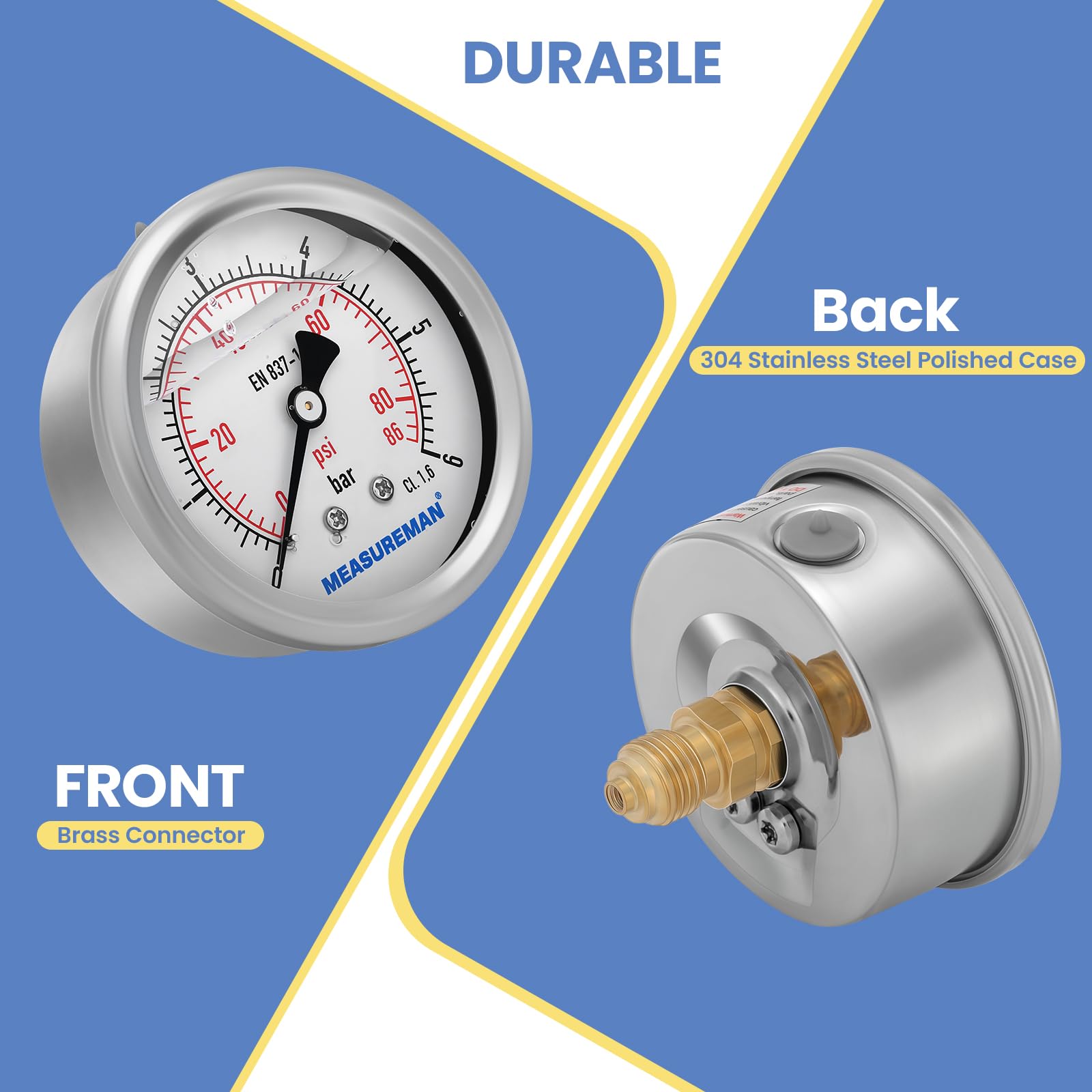 Manometro riempito con glicerina da 2,5", 0-6 bar, cassa in acciaio inossidabile 304, connessione posteriore BSP da 1/4"