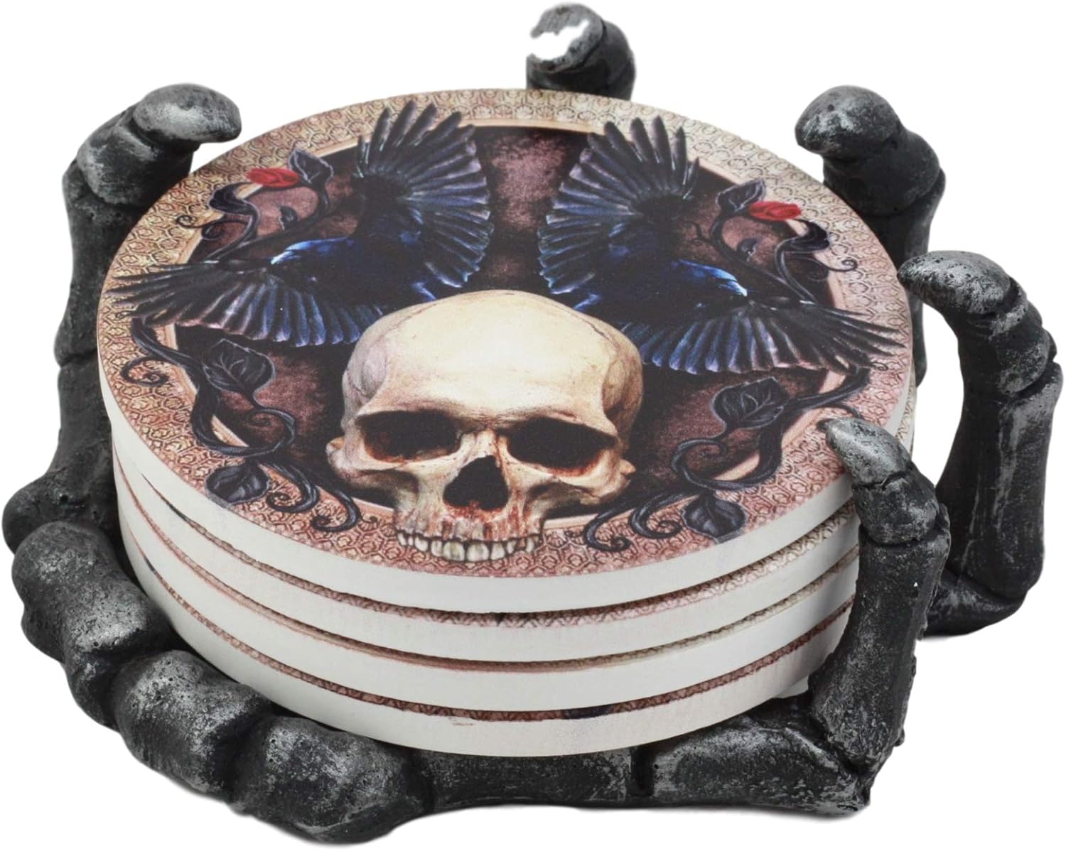 Ebros Gothic Alchemy Clutch of The Dead Skeleton Hand Resin Coaster Figurine Holder with 4 Skull Raven Tile Coasters Set Furniture Protector Ossuary Macabre Halloween Spooky Home Decor Accent