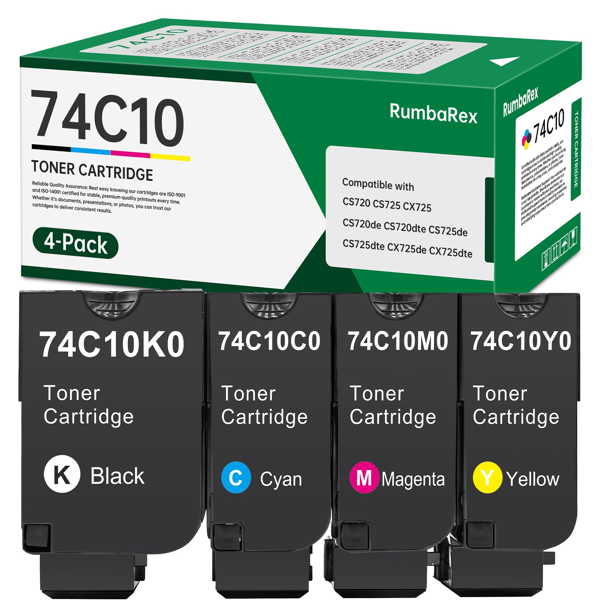 CS720 CS725 CX725 Toner Cartridges High-Yield 74C10K0 74C10C0 74C10M0 74C10Y0 Toner Cartridge Replacement for Lexmark CS720de CS720dte CS725de