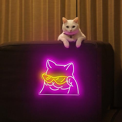Miniatura 4 de Letrero de neón de gato genial para decoración de pared, gato sonriente con gafas, letrero de luz LED de neón alimentado por USB con interruptor