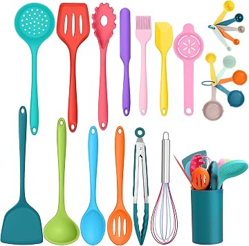 Kitchen Utensils Set, Homikit 24 Piece Silicone Cooking Utensils Set with Holder, Non-Stick Spatula Spoons Turners Safe for Cookware, Healthy, Heat Resistant & Dishwasher Safe - Multicolor