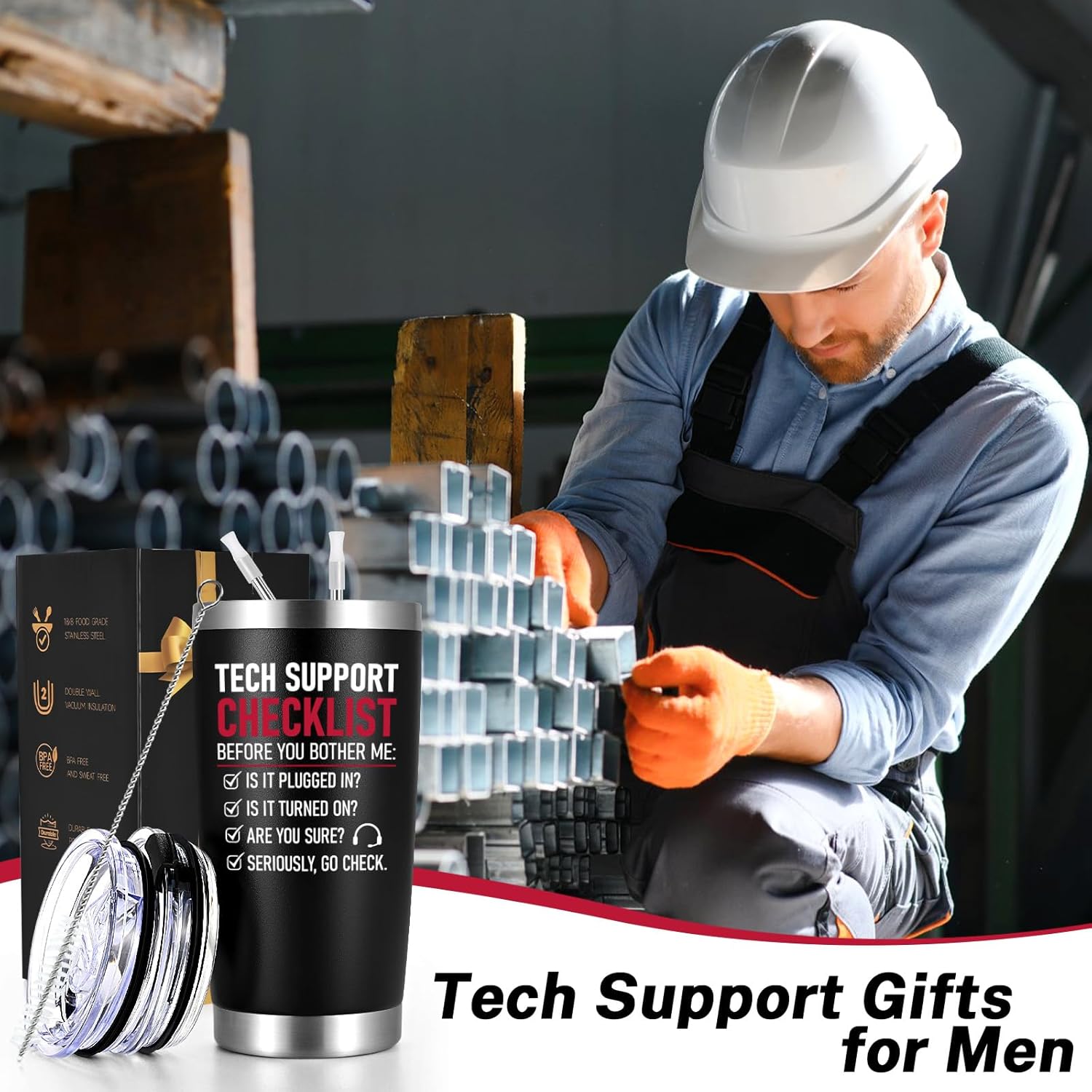 Qtencas Tech Support Gifts for Men, Tech Support Checklist IT Helpdesk Hotline Travel Tumbler, Stainless Steel Travel Mug, Birthday Chistmas Gifts for Technician, Programmer, Tech Lover, 20oz Black 3-Black-Tech Support