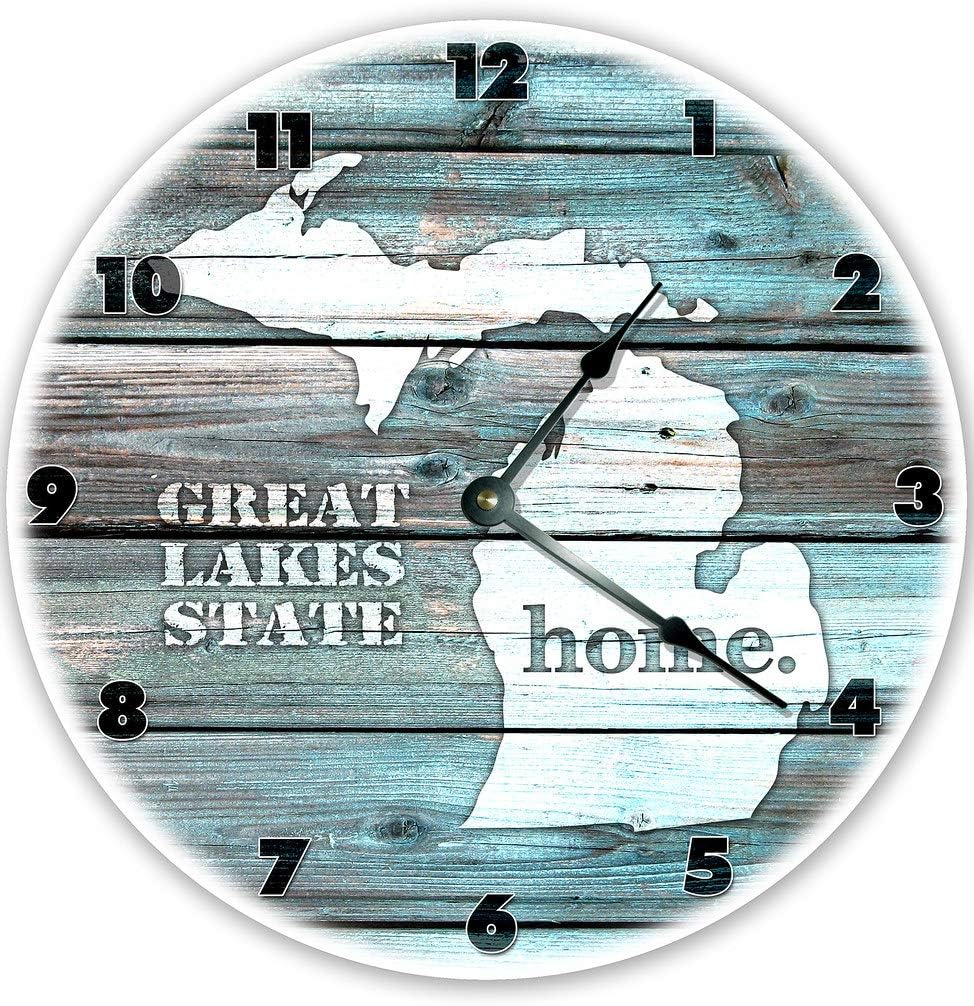 Michigan Silent Non Ticking Round Battery Operated Handmade Hanging Extra Large 12 Inch Wall Clock for Bedroom Office Cottage Decoration