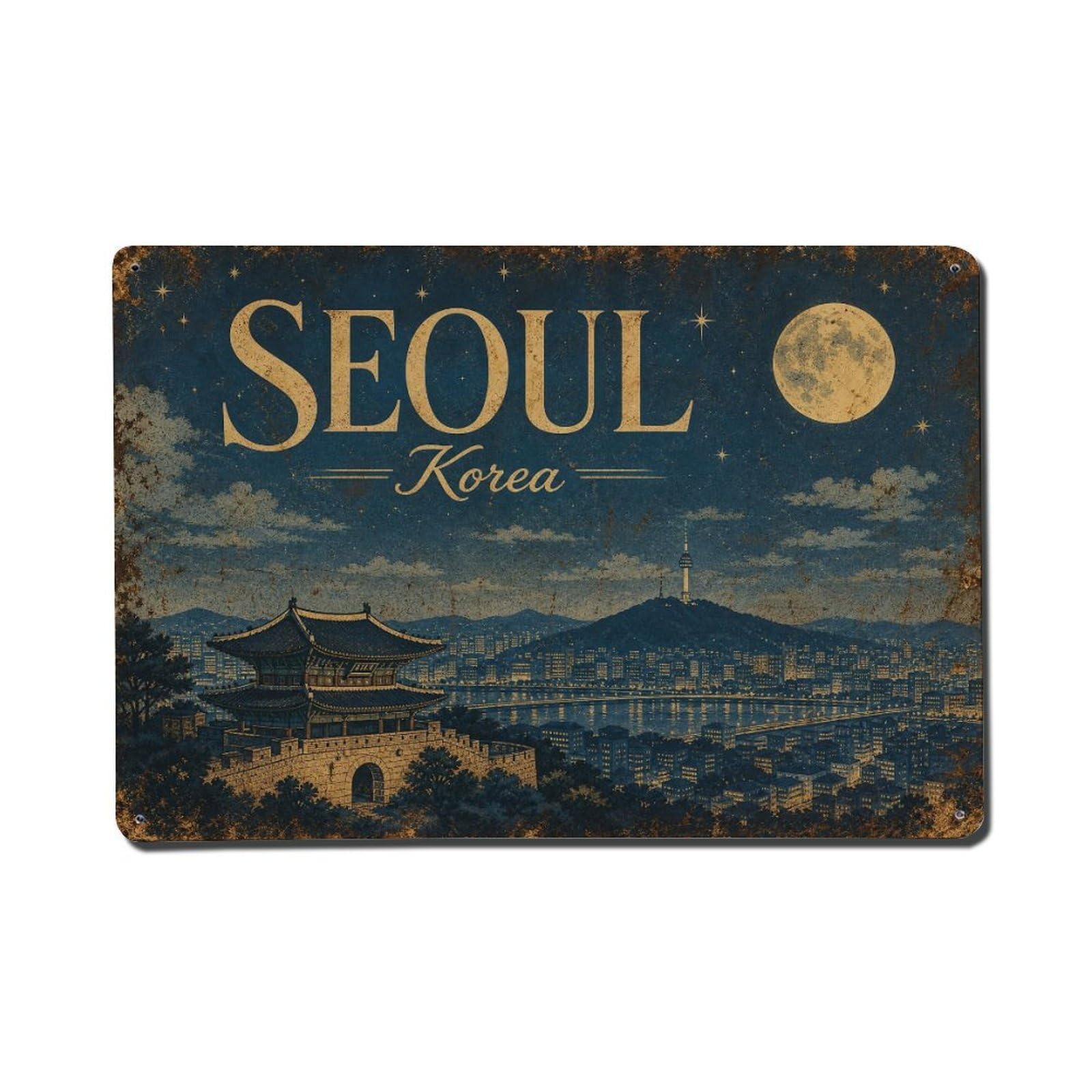 Huiyhb 8X12inch(20X30cm) Vintage Travel Seoul Korea Moonlit Metal Tin Sign