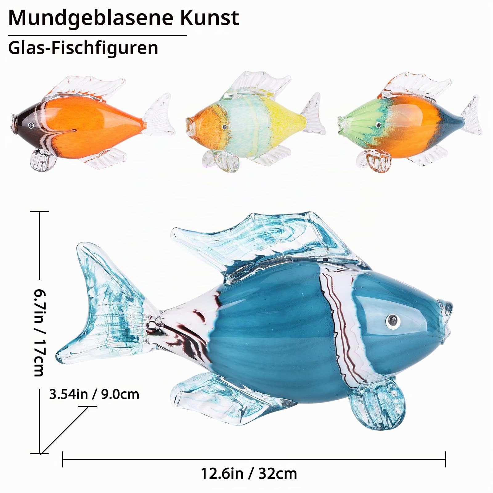 LCCCK Große Glasfischstatue, mundgeblasenes Glas, Meeresleben-Figuren, Küstendekoration für Zuhause, Tropische Fische, Sammlerstück, Couchtisch, Regal, Büro, Badezimmer, Dekoration, nautische Kunst