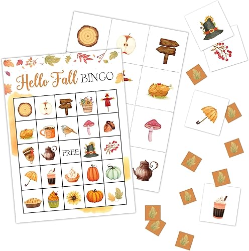 Hello Fall Bingo Game Cards, Thanksgiving Day Bingo, Fall Party Game, for Fall Autumn Classroom Family Birthday Party Activity03