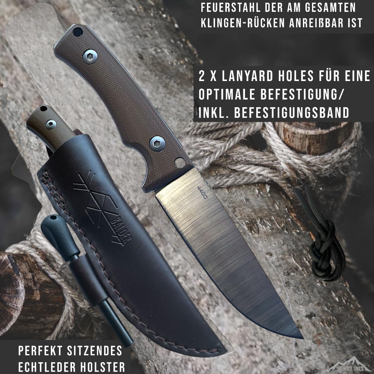 SK Wild Ones® Outdoor Messer Survival - Jagdmesser Feststehende Klinge - Survival Messer Outdoor Griff aus Micarta - Outdoormesser Feststehend - Aus 440C-Stahl Survival Knife für Camping Balder