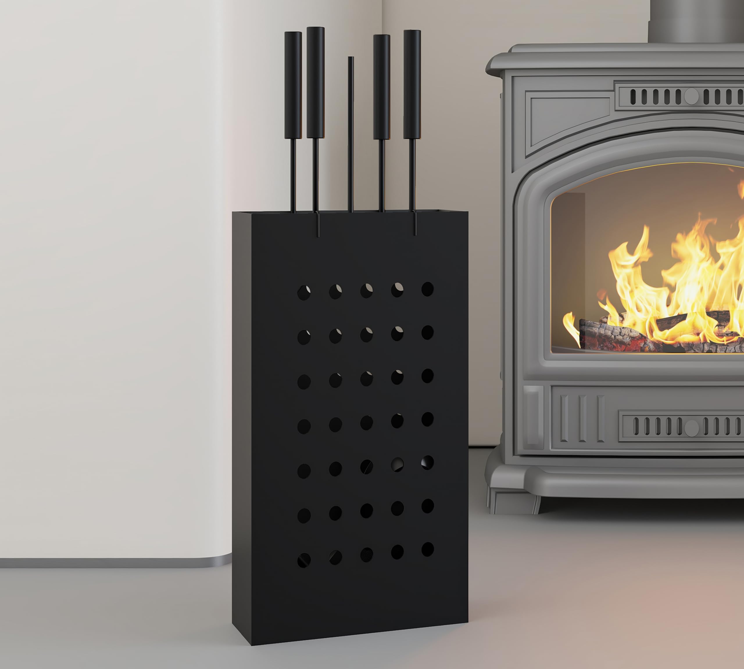 Kingson Ensemble de cheminée en fer noir avec seau à cendres rectangulaire – 4 outils de suspension (tisonnier, brosse, pelle, pince) – Ensemble d'outils de cheminée compact pour poêle à bois