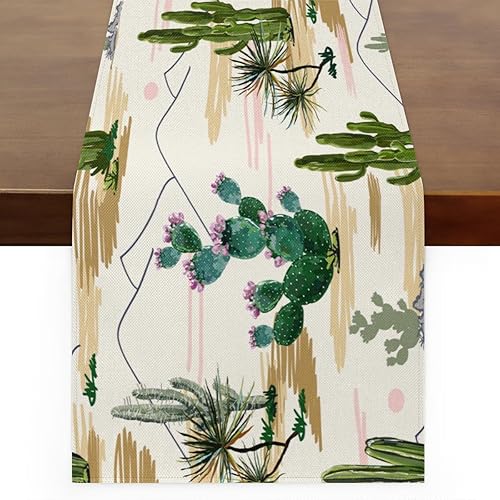 Camino de mesa con cactus de acuarela, mantel de lino rústico para cocina de granja, cena, eventos, fiesta, decoración de mesa de vacaciones, 13 x