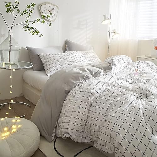 Miniatura 3 de EAVD - Moderno juego de funda de edredón con estampado a cuadros ginghamgeométrico color blanco y negro, 100% algodón, suave, tamaño Queen, con 2