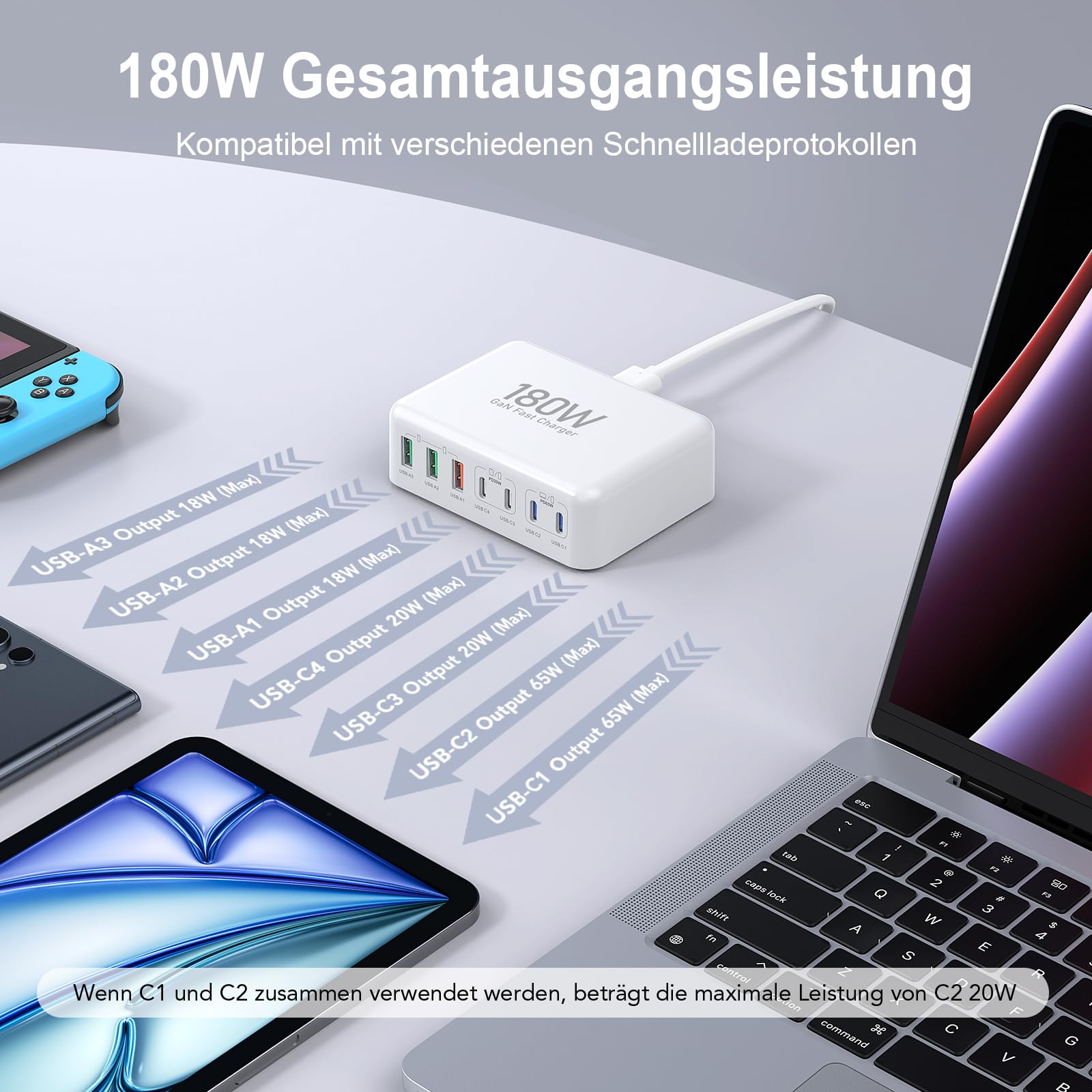 Cargador múltiple USB C de 180 W, estación de carga USB 7 en 1 GaN con 65 W y 20 W puertos de salida compartidos para MacBook Pro/Air, iPhone, Google, iPad, Lenovo, HP