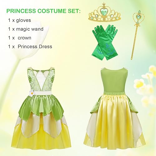 Miniatura 6 de COTRIO Vestido de princesa de rana de hada verde para niñas, vestidos de princesa para niños, disfraces de Halloween con accesorios, trajes de