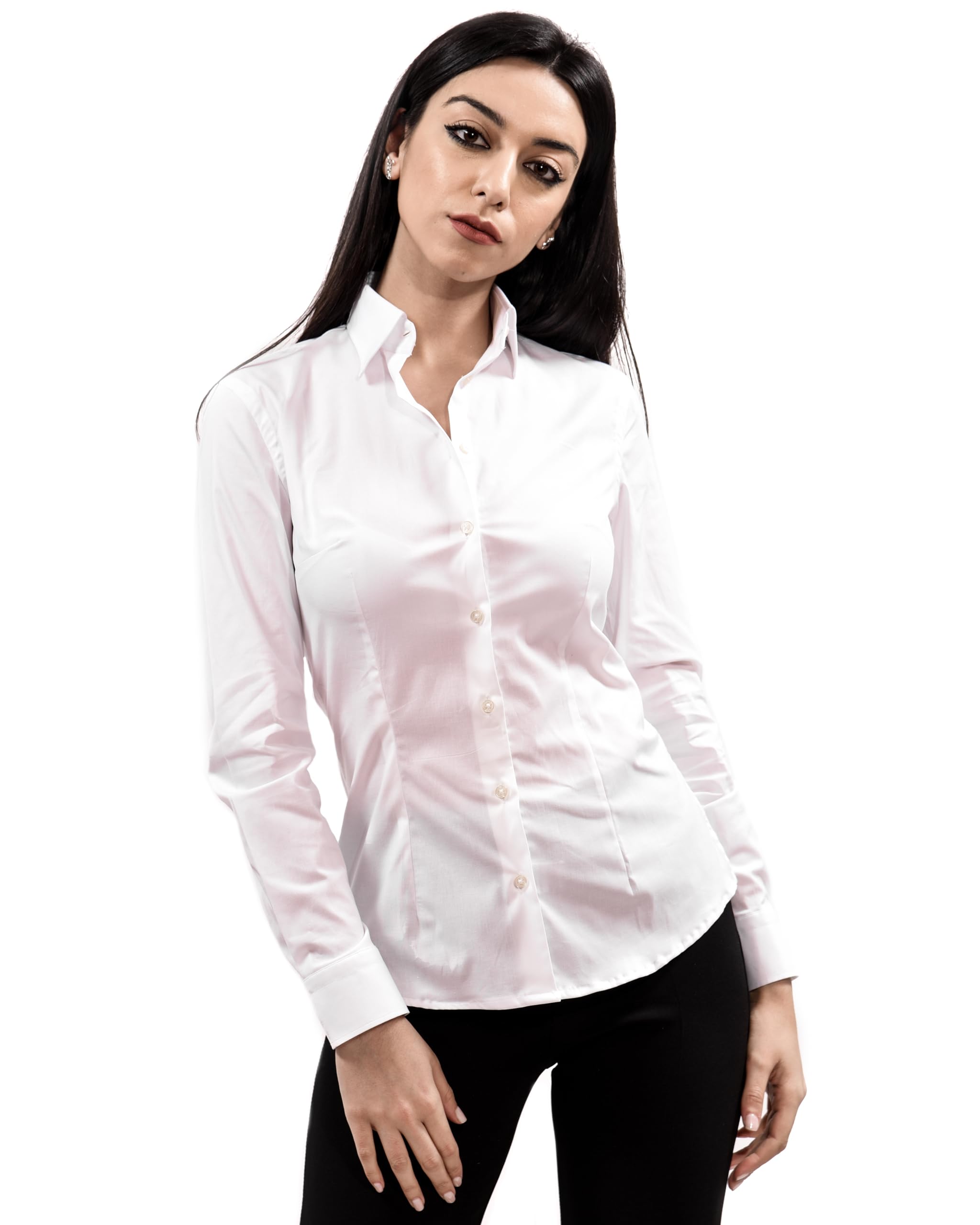 Camicia Donna Tinta Unita Popeline Elastan, Camicia a Bottoni Maniche Lunghe da Donna Camicia Artigianale Elegante con Collo Italiano, 100% Made in Italy