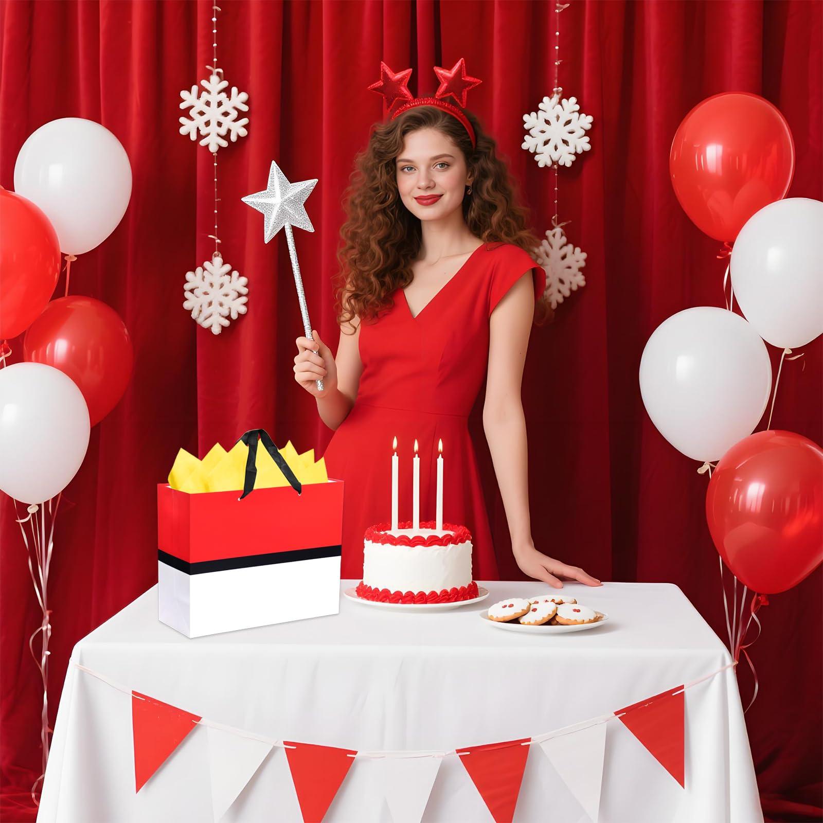 HTPARY Cartoon Animation Gift Bags Set Red and White Theme Favor Goodie Bag with Tissue Papers Greeting Card Game Party Birthday Decorations Supplies