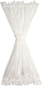 Rod Pocket Lace Sheer Door Curtain French White Mesh Floral Semi Voile Curtain for Kitchen Cafe Bedroom Living Room with 1 Tieback, 1 Panel 72 Inches