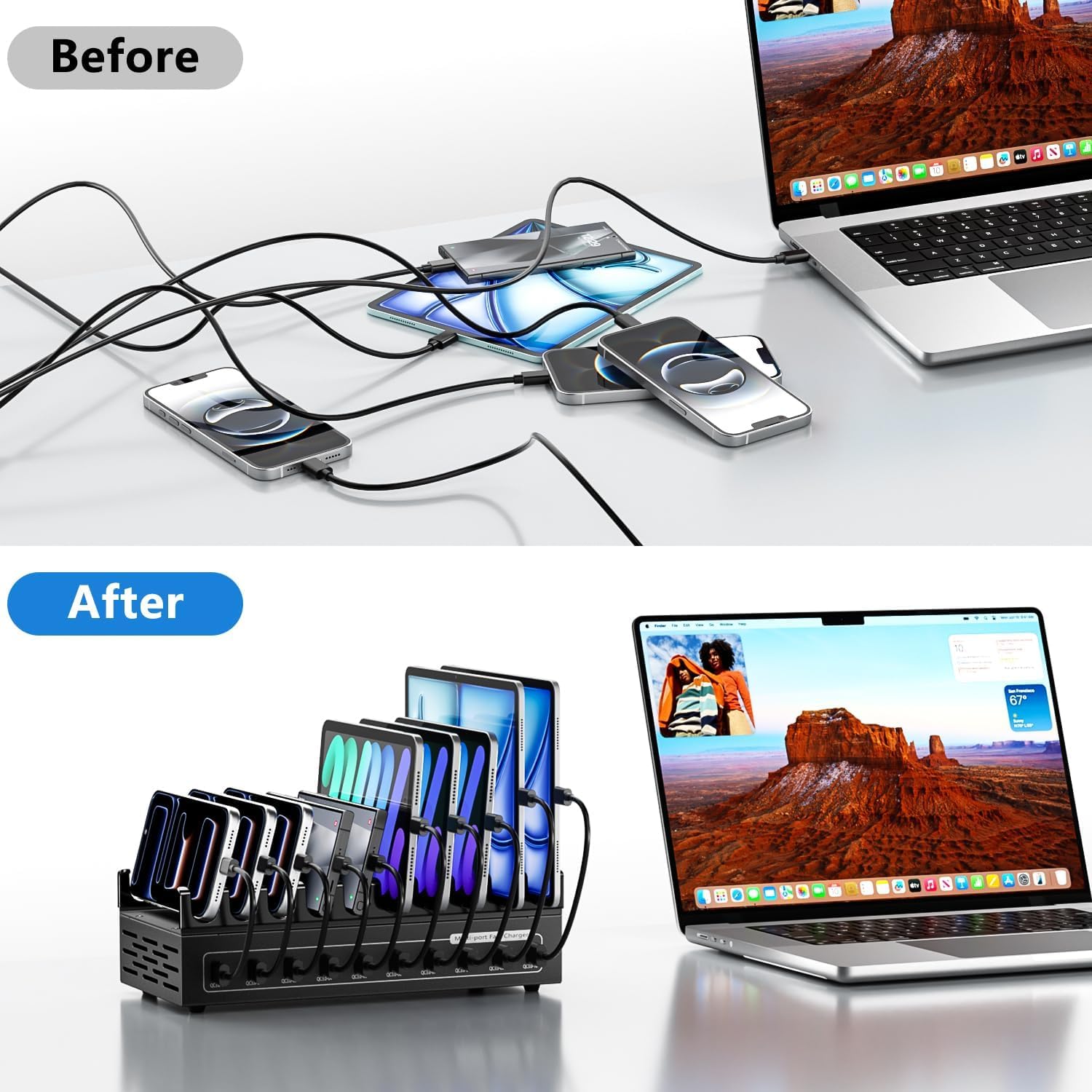 Ladestation, USB-C-Ladestation für mehrere Geräte, Gesamtleistung 200W 10 Ports [5USBA & 5USBC] Ladestation, 10 Ladekabel, Kompatibel mit iPhone 11/12/13/14/15/16/XS/XR/8/Handy/Tablet
