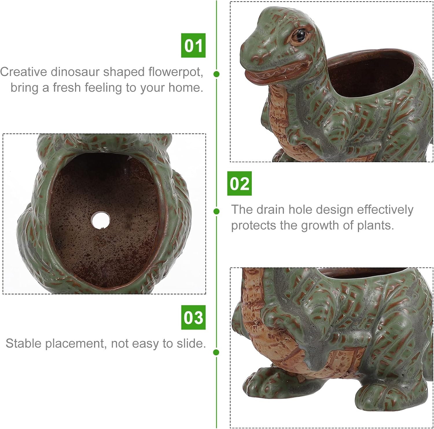 Yardwe Ceramic Dinosaur Flower Pot - Creative Decorative Plant Pot for Home Office and Garden 5.9 X 4.3 X 3.3 Inch