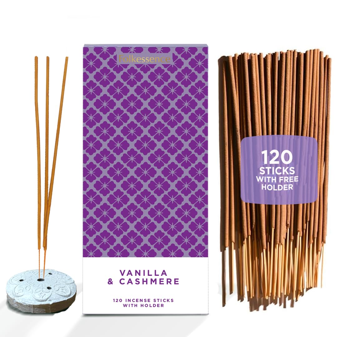Folkulture Vanilla And Cashmere Incense Sticks | Set Of 120 Insence-Sticks With Holder For Relaxation | Vanilla & Cashmere Incense| Organic, Slow Burning & Non Toxic Inscents | Luxe Sweet Fragrances For Meditation