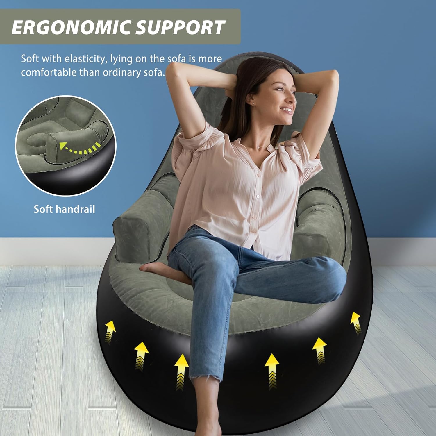 Inflatable Couch with Armrest＆Ottoman, Blow Up Lounger Chair,Folding Air Chair for Adults,Inflatable Lazy Sofa Perfect for Rooms, Camping or Home(Without Pump)