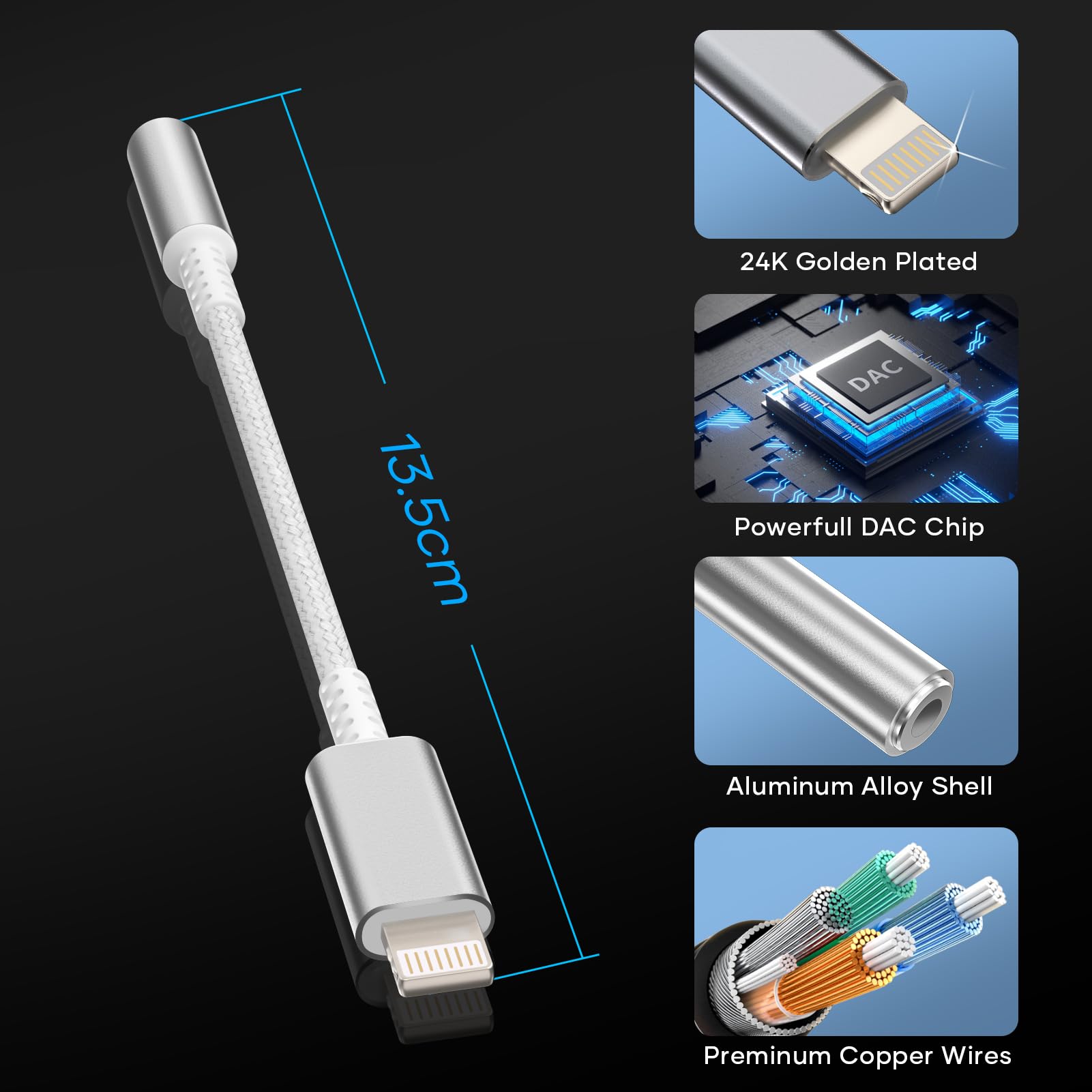 Adaptateur Lightning Jack 3,5 mm MFi Blanc Argenté Compatible iPhone 14/13/12/11/X/8/Pad