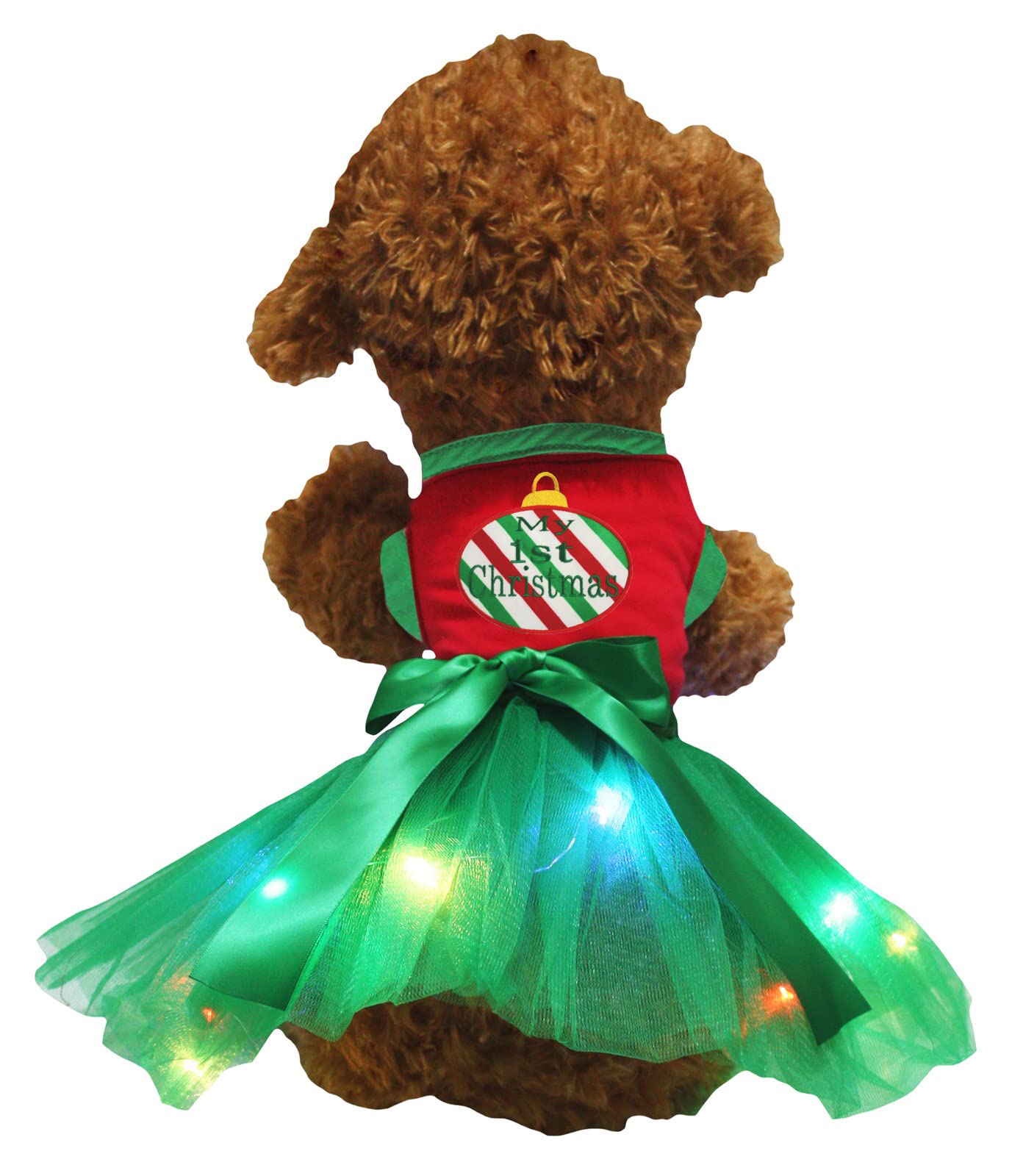 Robe chien Mon premier Noël verte et rouge LED XS pour chiot