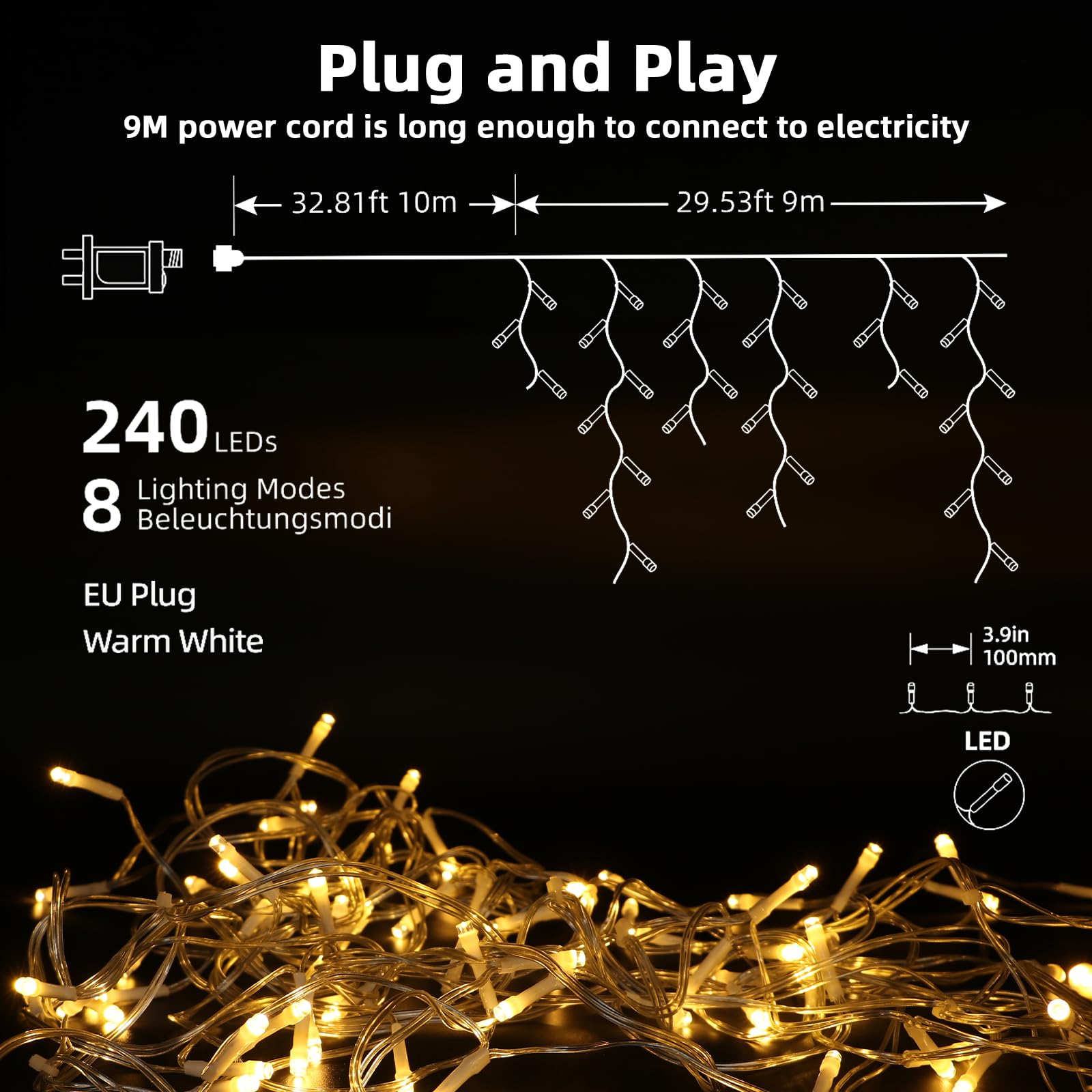 LEDYA Luci di Natale da Esterno, 9M 240 LED Tenda Luminosa Natale con Timer/8 modalità, IP44 Impermeabili, Luci Natale Esterno Cascata Decorazioni per Balcone, Natale, Matrimoni, Feste