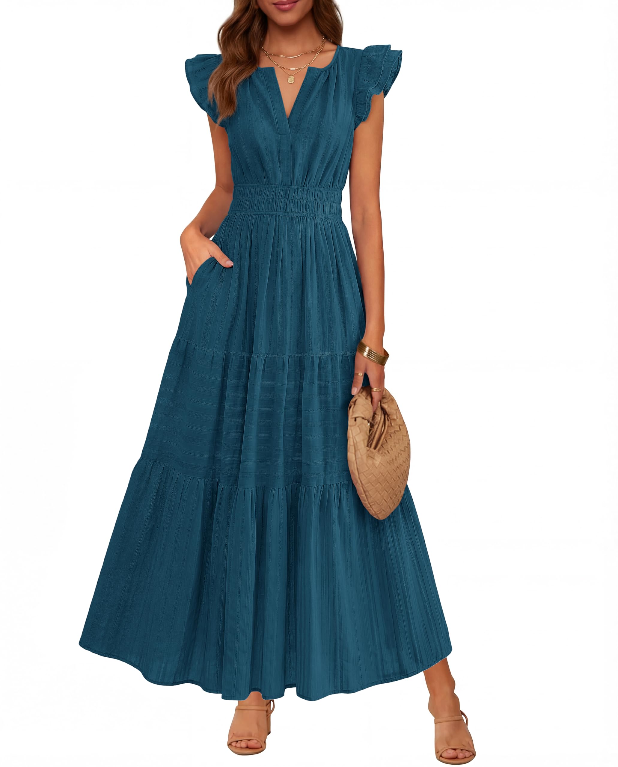 BTFBM Womens Summer Casual Dresses Ruffle Sleeve Lightweight Maxi Dress | V Neck High Waist A Line Flowy,Cocktail Party Long Dress,Boho Vacation Outfits,Wedding Guest Dresses Elegant Classy,Pockets