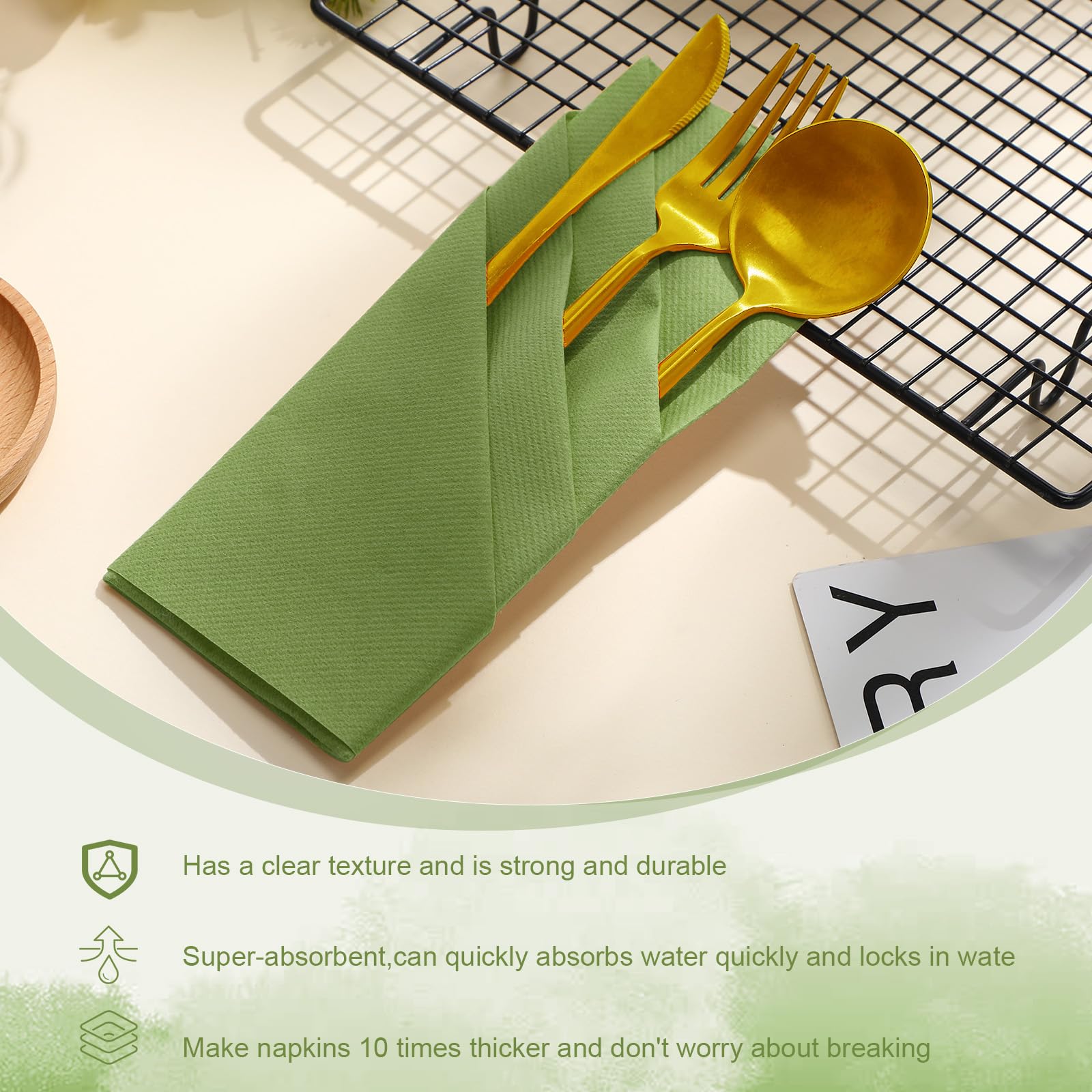 Qilery 50 servilletas de papel de lino, desechables, preplegadas, con bolsillo integrado para cubiertos, San Valentín, boda, fiesta, Navidad, color verde