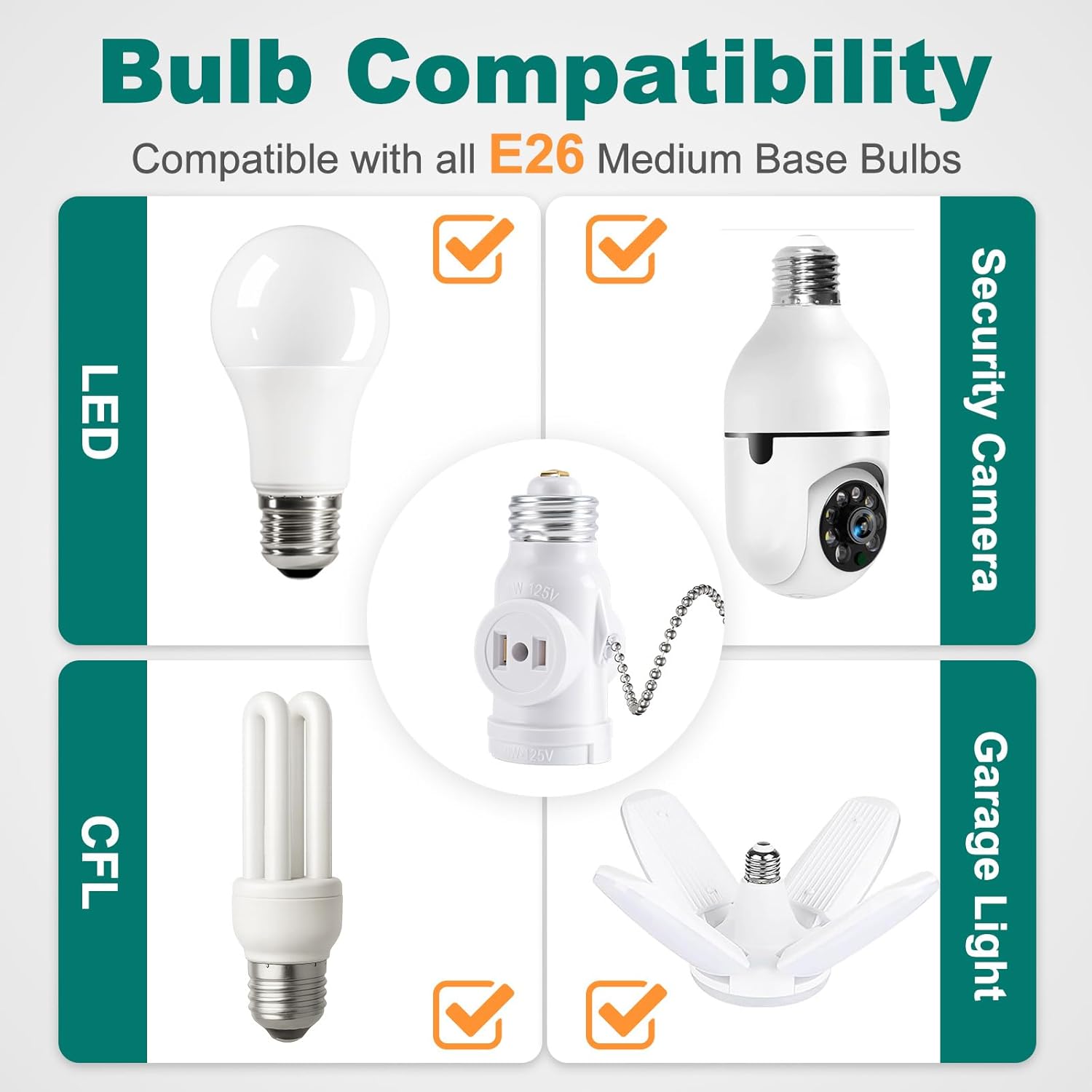 DiCUNO E26 Light Socket to Plug Adapter, 2 Polarized Outlet Bulb Splitter, UL Listed, Pull Chain Switch Control Light Bulb, Standard (Medium) E26 Base to 2-Prong Outlets Converter, White, 2-Pack