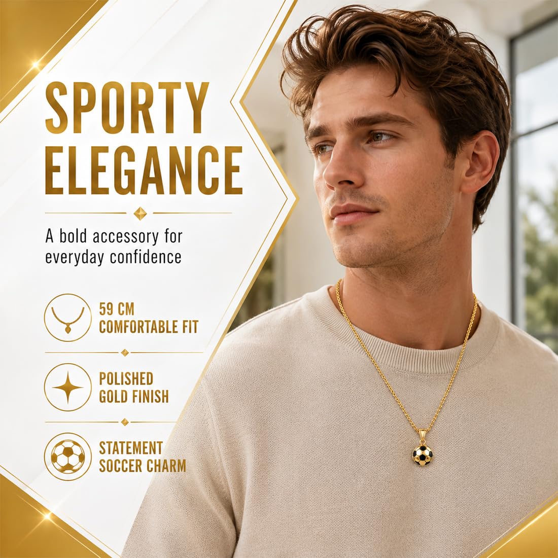 1 Collier Garcon, Collier Sport Perle Carrée Football, Collier Perle Sportif, Collier Homme Perle, Pour Tous Les Jours, Cadeau Pour Lui